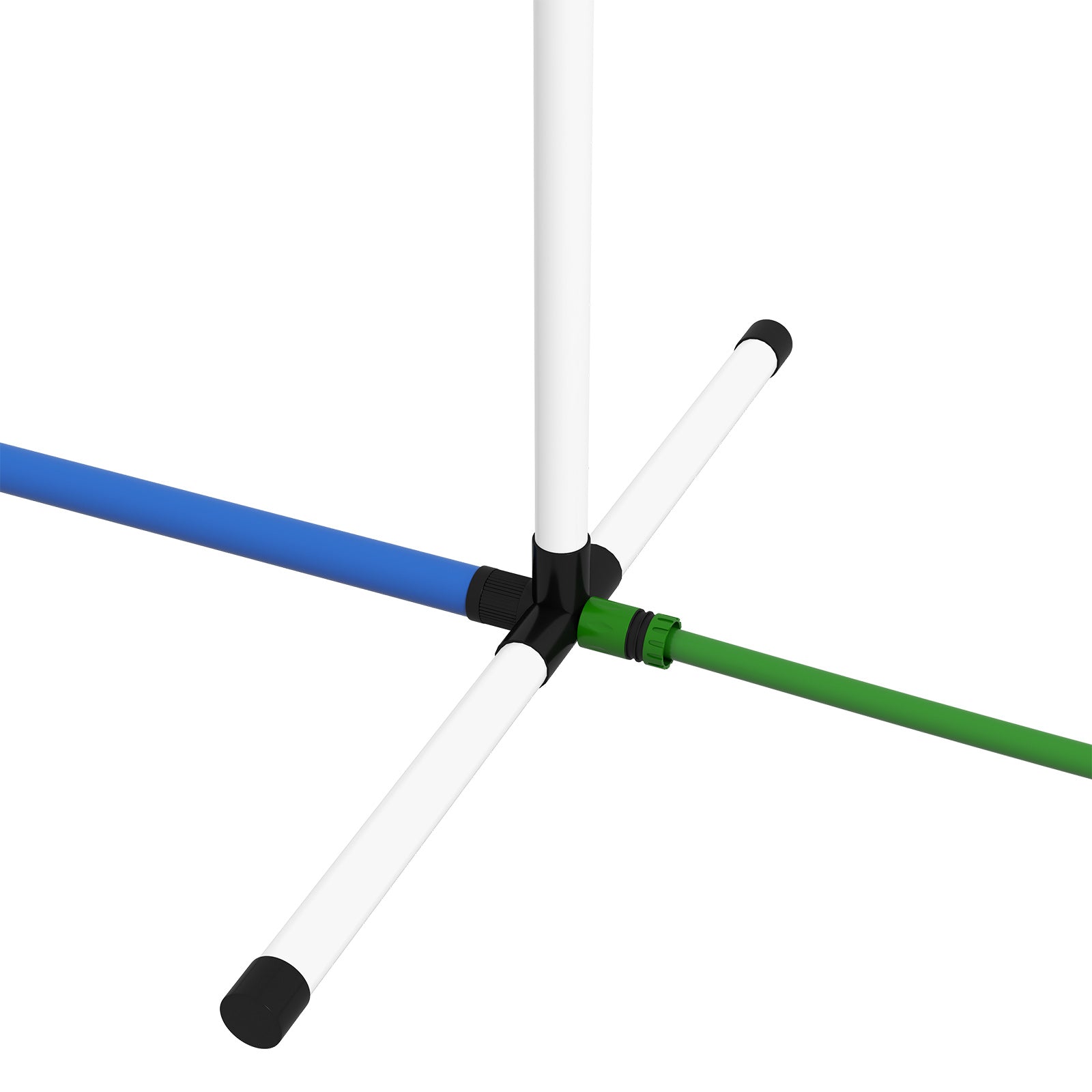 Garden hose connector Tpiece with blue white and green pipes