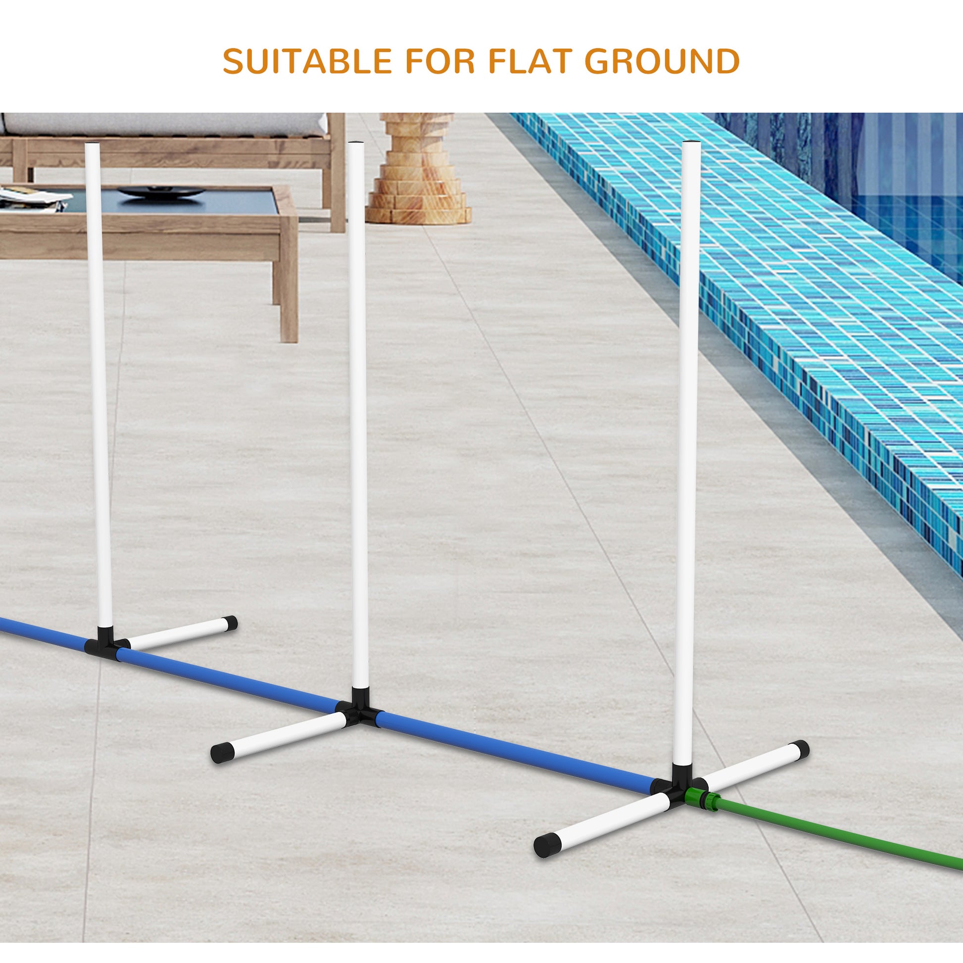 White agility poles with blue and green connectors on tiled ground
