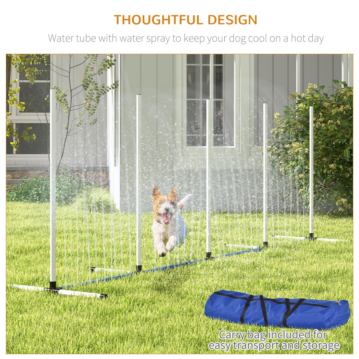 A dog runs through a dog sprinkler system with water spraying