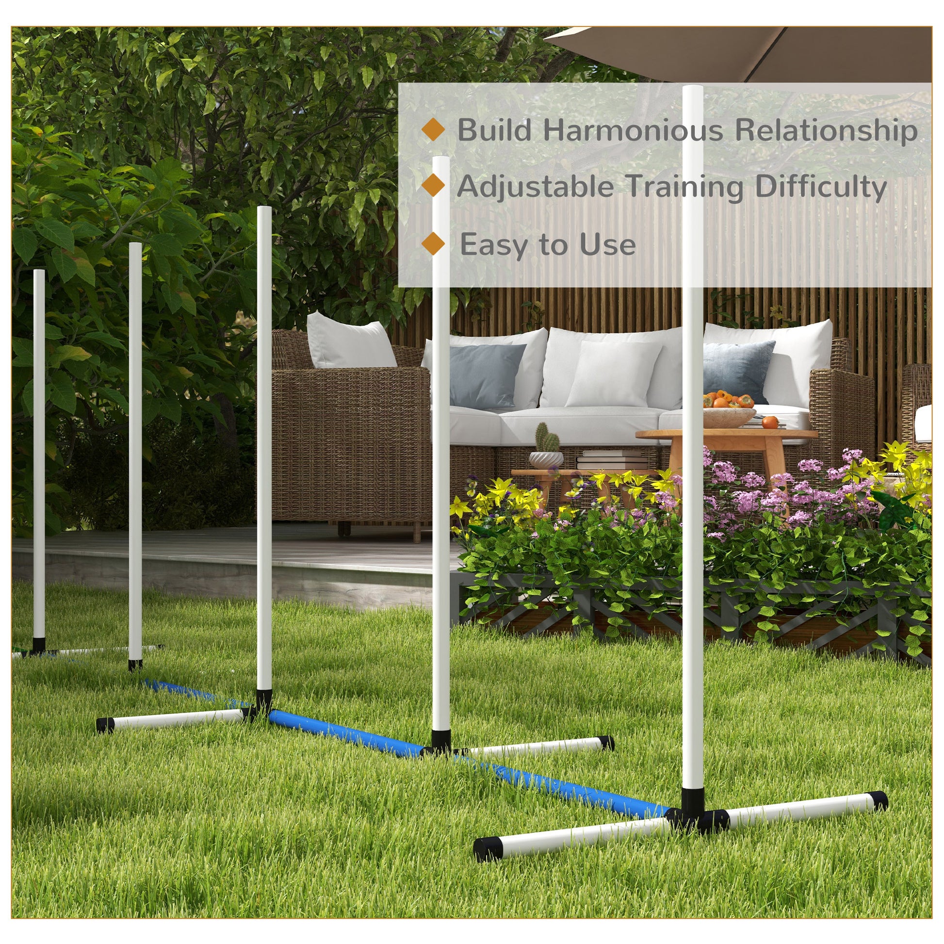 White dog agility poles set up on a green lawn with blue and white horizontal bars