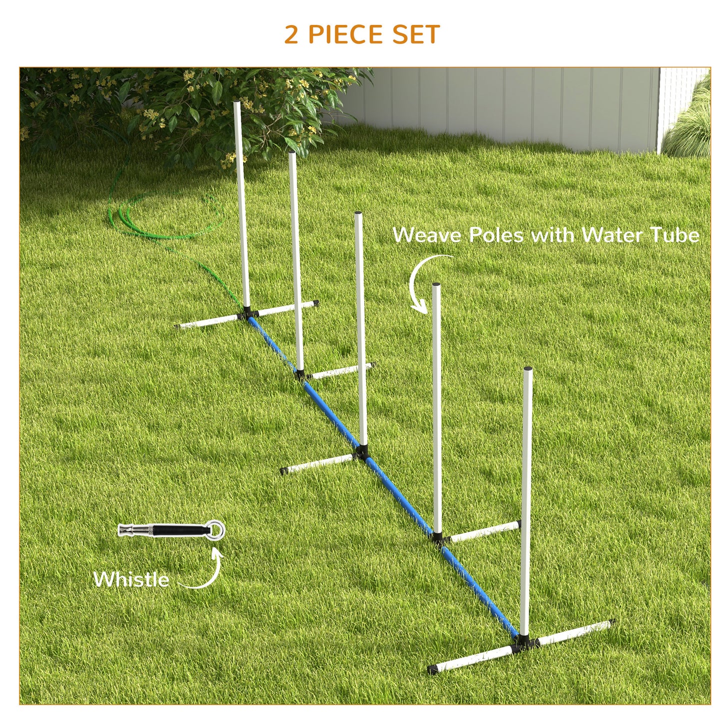 White dog agility weave poles with blue connector tube on grass includes whistle