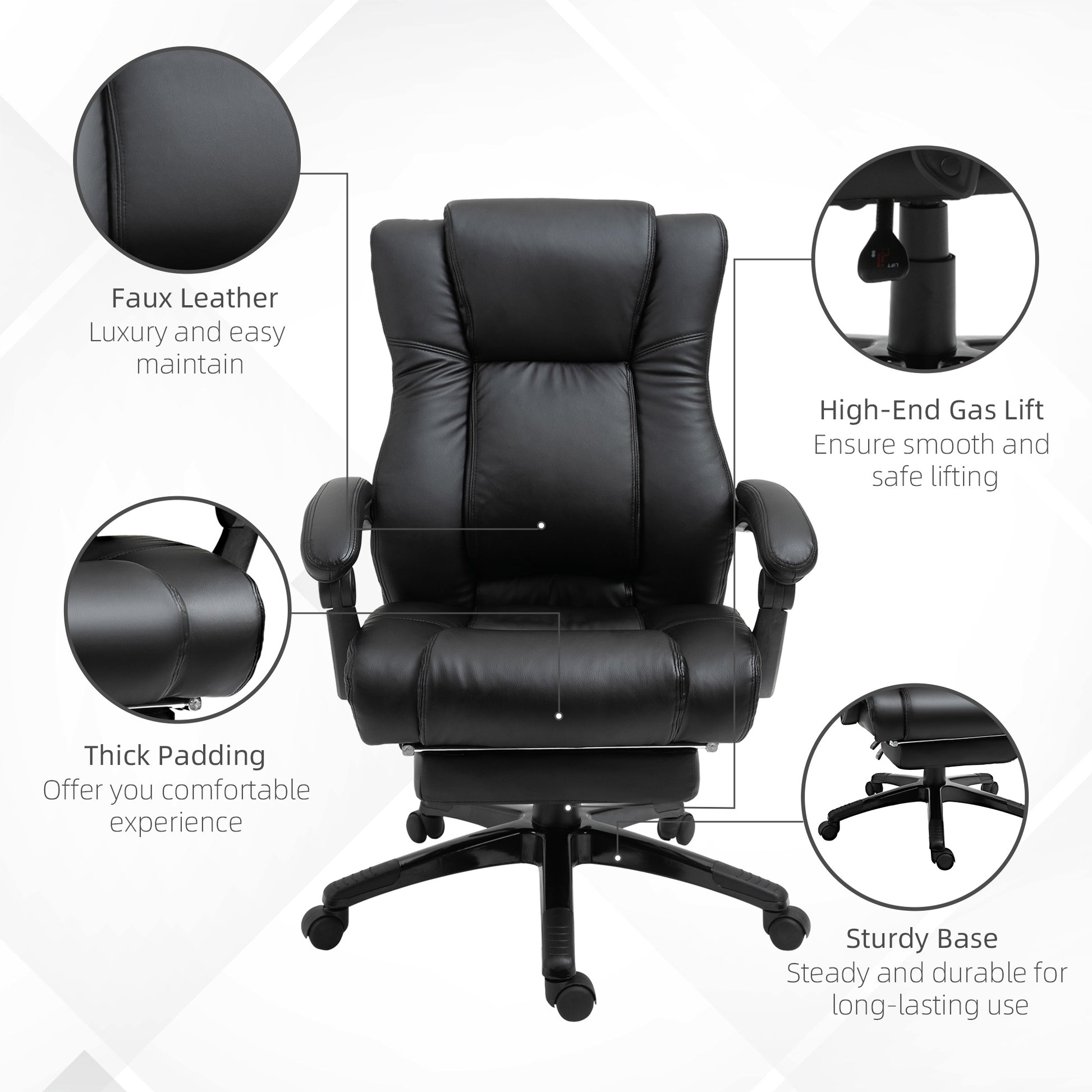 Black executive office chair with faux leather upholstery and plush cushioning for comfort