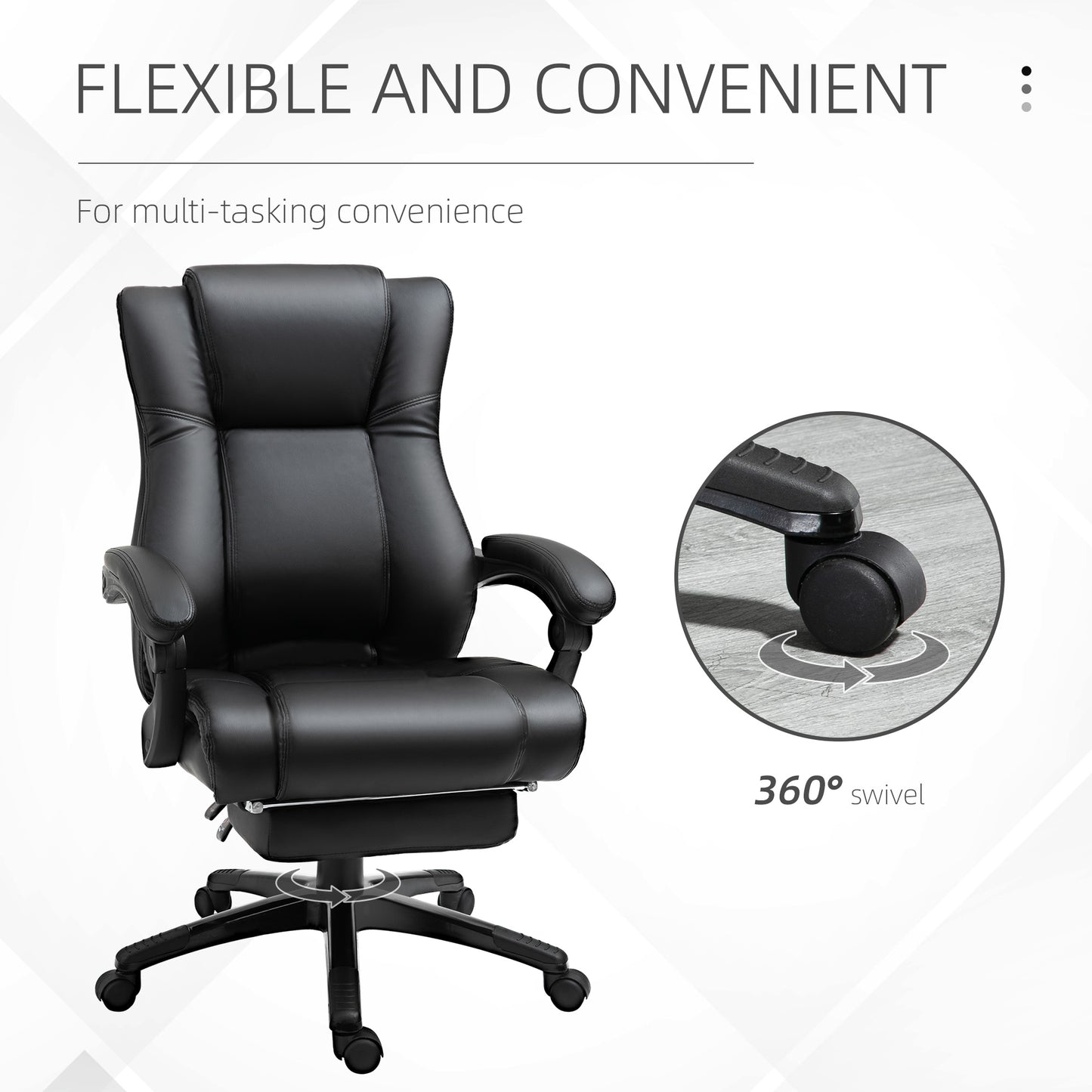 Black executive chair with padded headrest and footrest