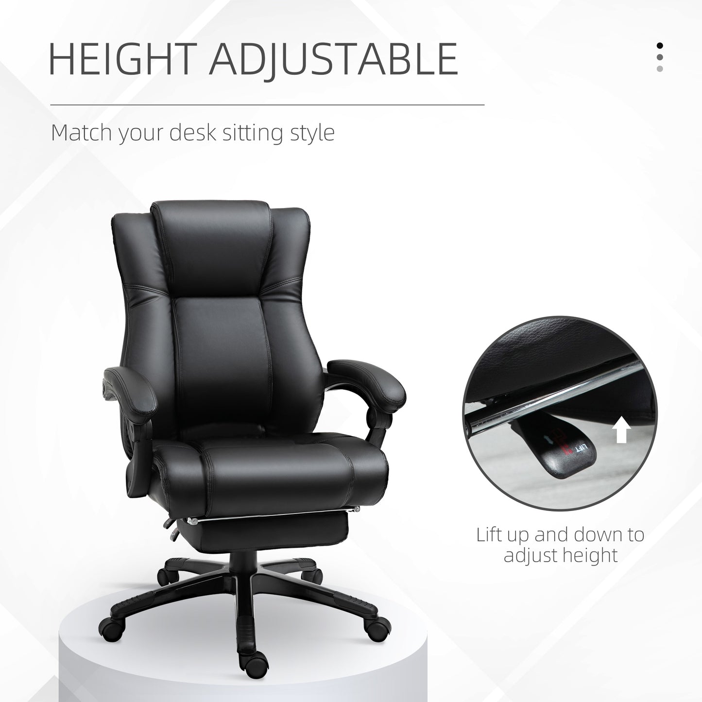 Black ergonomic office chair with adjustable height and footrest