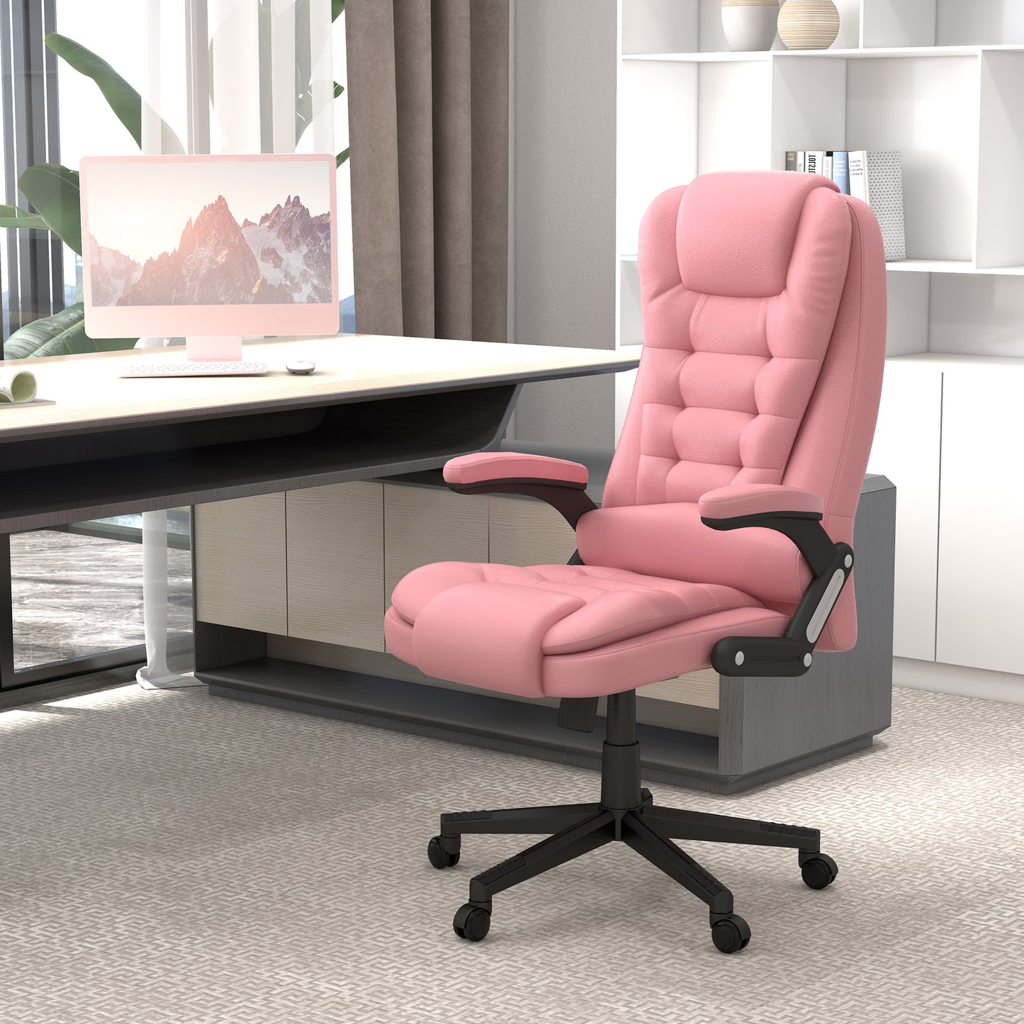 Plush pink office chair with tufted cushioning and adjustable armrests perfect for ergonomic comfort