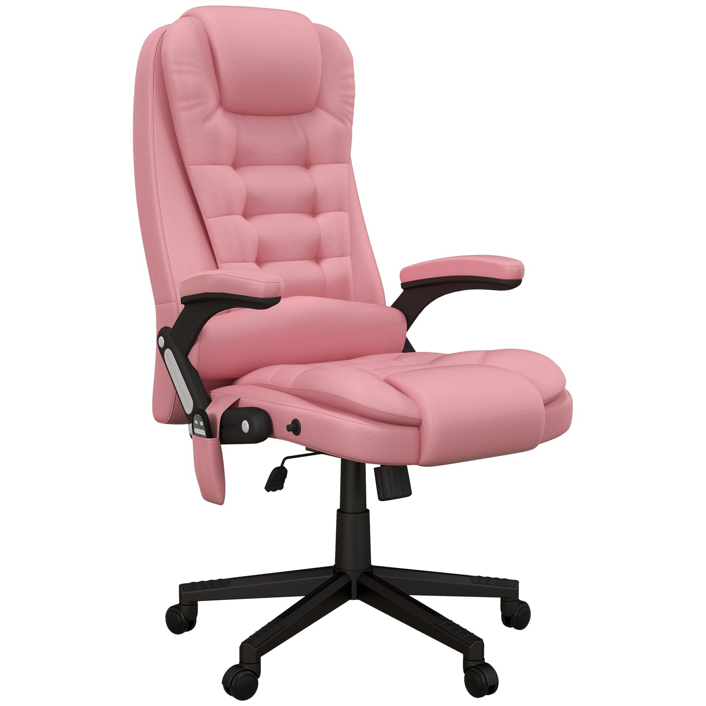 Plush pink ergonomic office chair with tufted cushioning and adjustable armrests ideal for comfortable work from home setups
