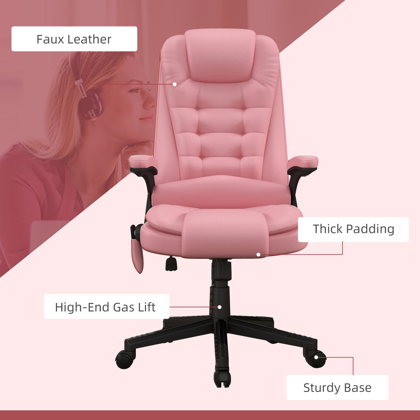 Pink faux leather executive chair with thick padding and a sturdy base for comfort
