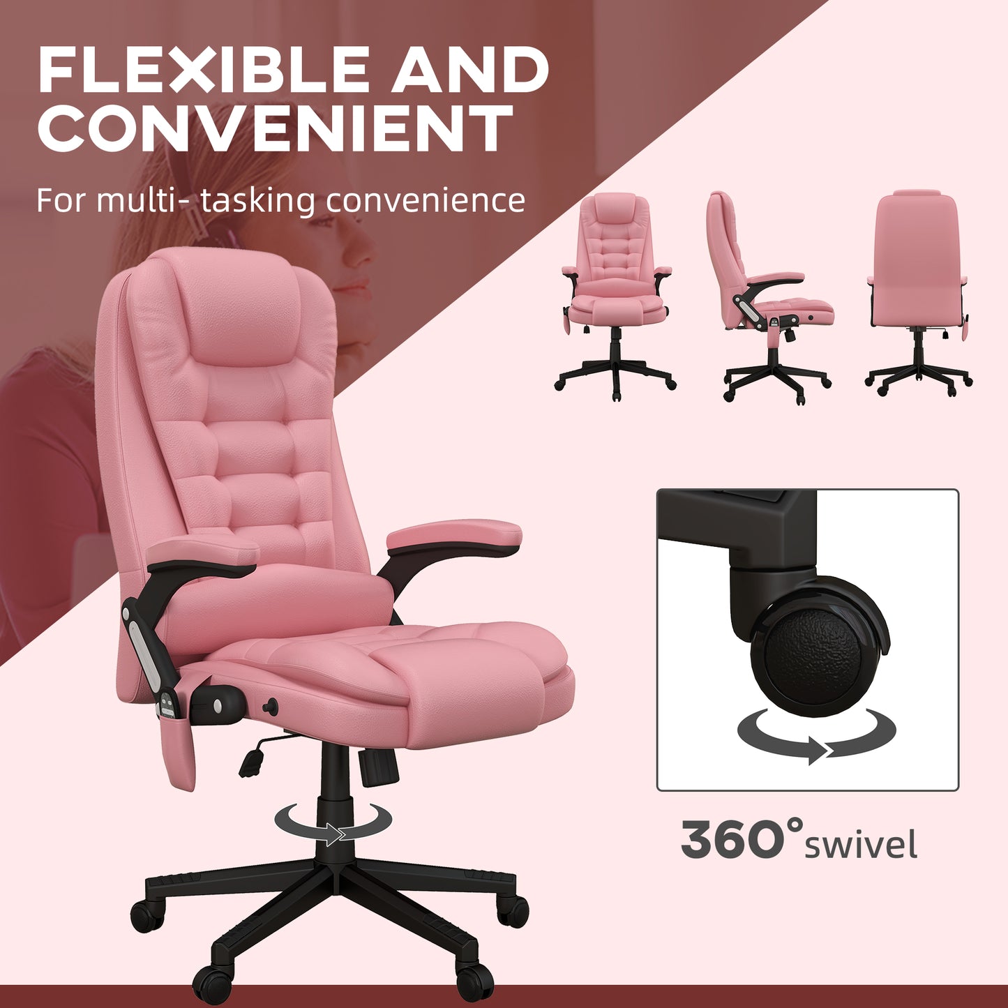 Pink tufted executive chair with padded armrests and  swivel