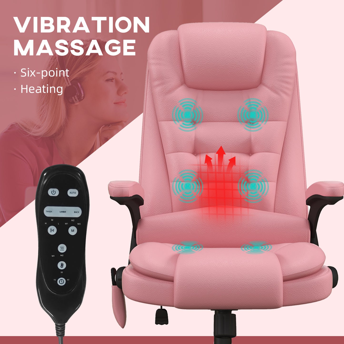 Pink ergonomic massage chair with sixpoint vibration and heating features