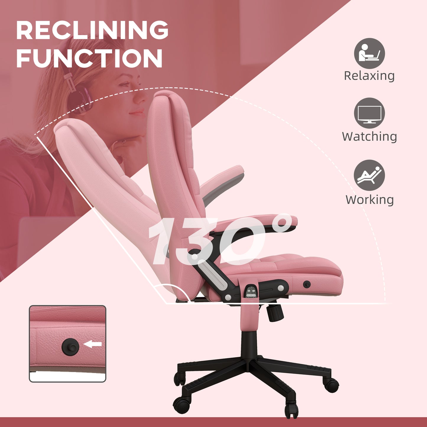 Pink ergonomic office chair with  reclining function for comfort