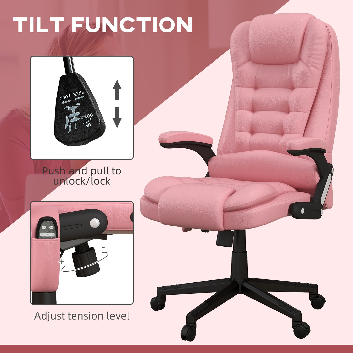 Pink ergonomic gaming chair with adjustable tilt and tension for optimal comfort and support