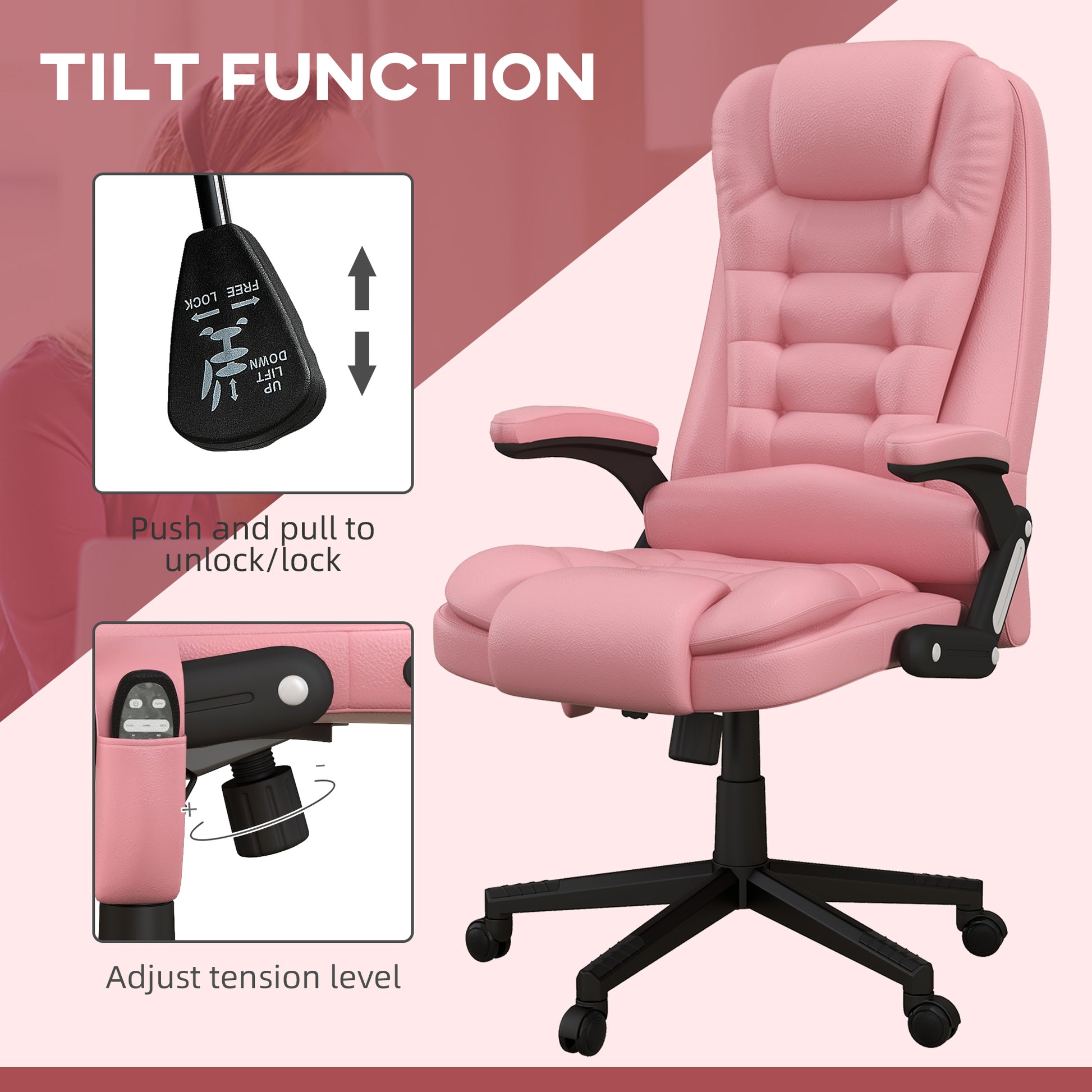 Pink ergonomic gaming chair with adjustable tilt and tension for optimal comfort and support