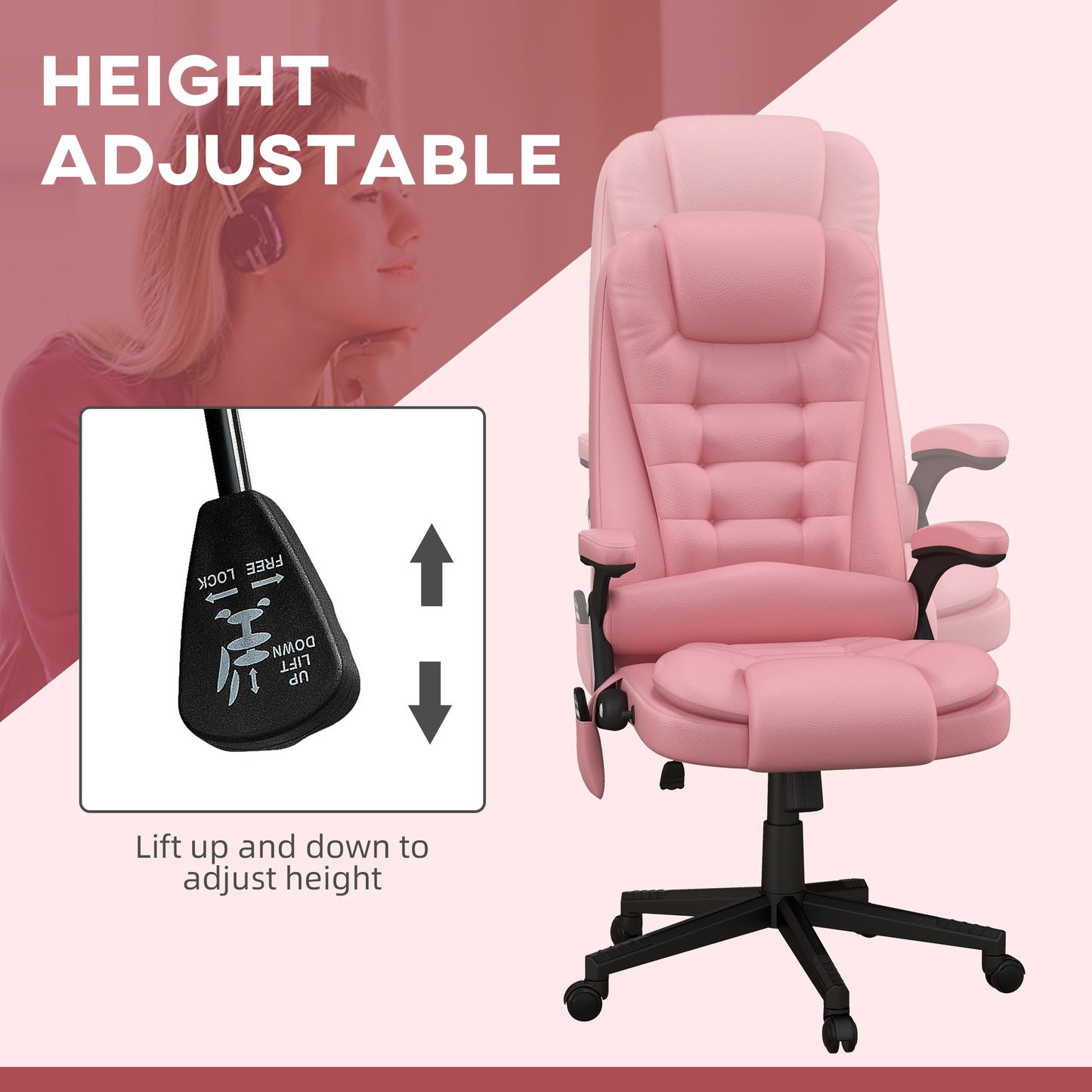 Pink ergonomic gaming chair with adjustable height lever prominently displayed