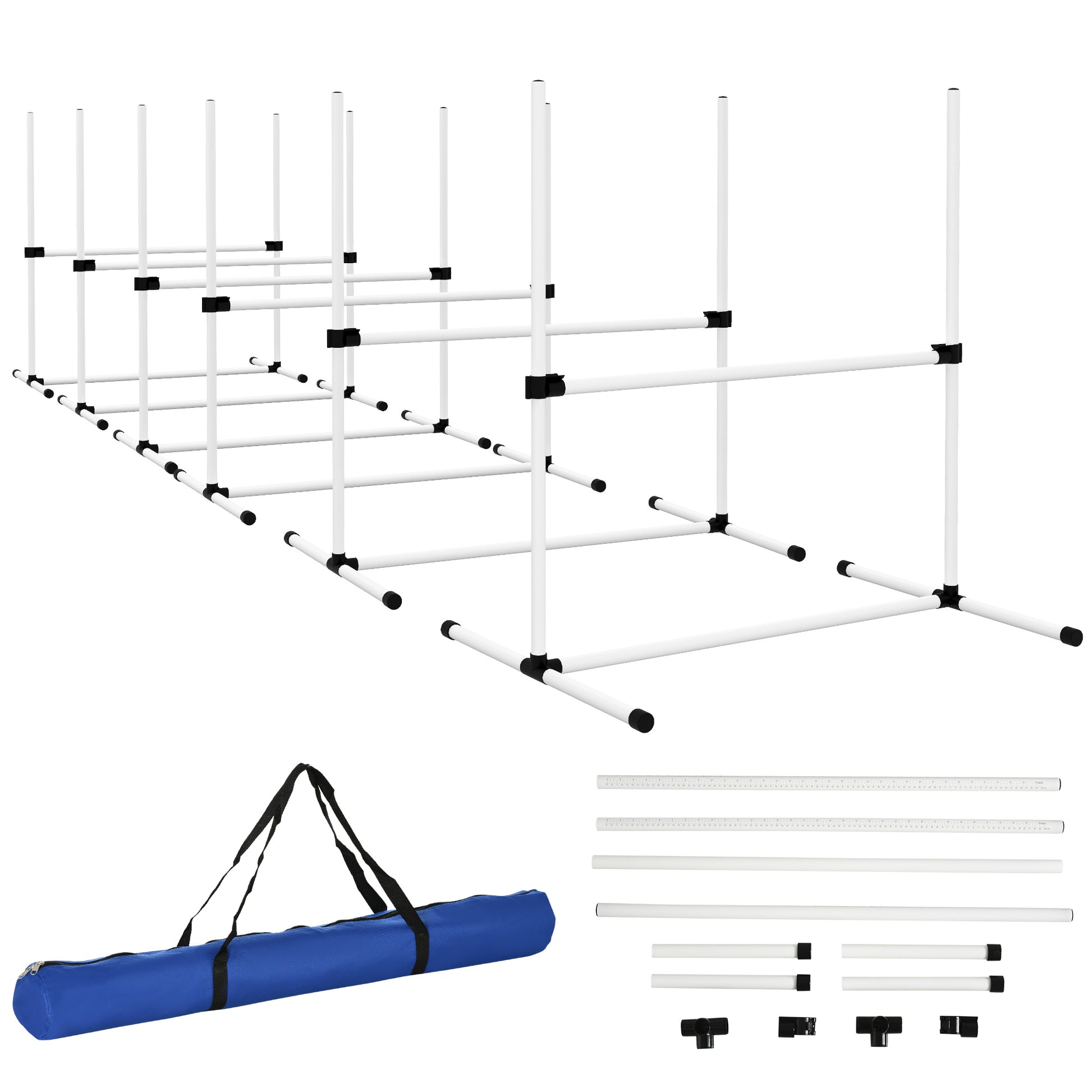 White PVC dog agility weave poles set with black connectors and carrying bag