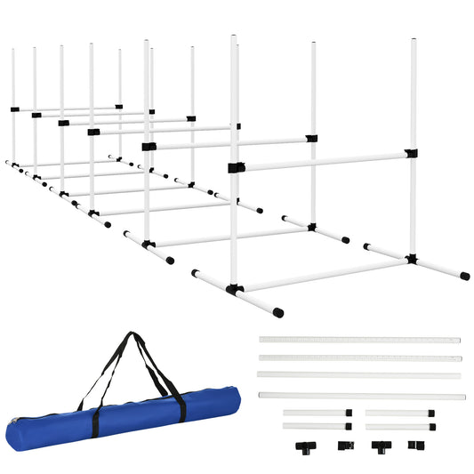 White PVC dog agility weave poles set with black connectors and carrying bag