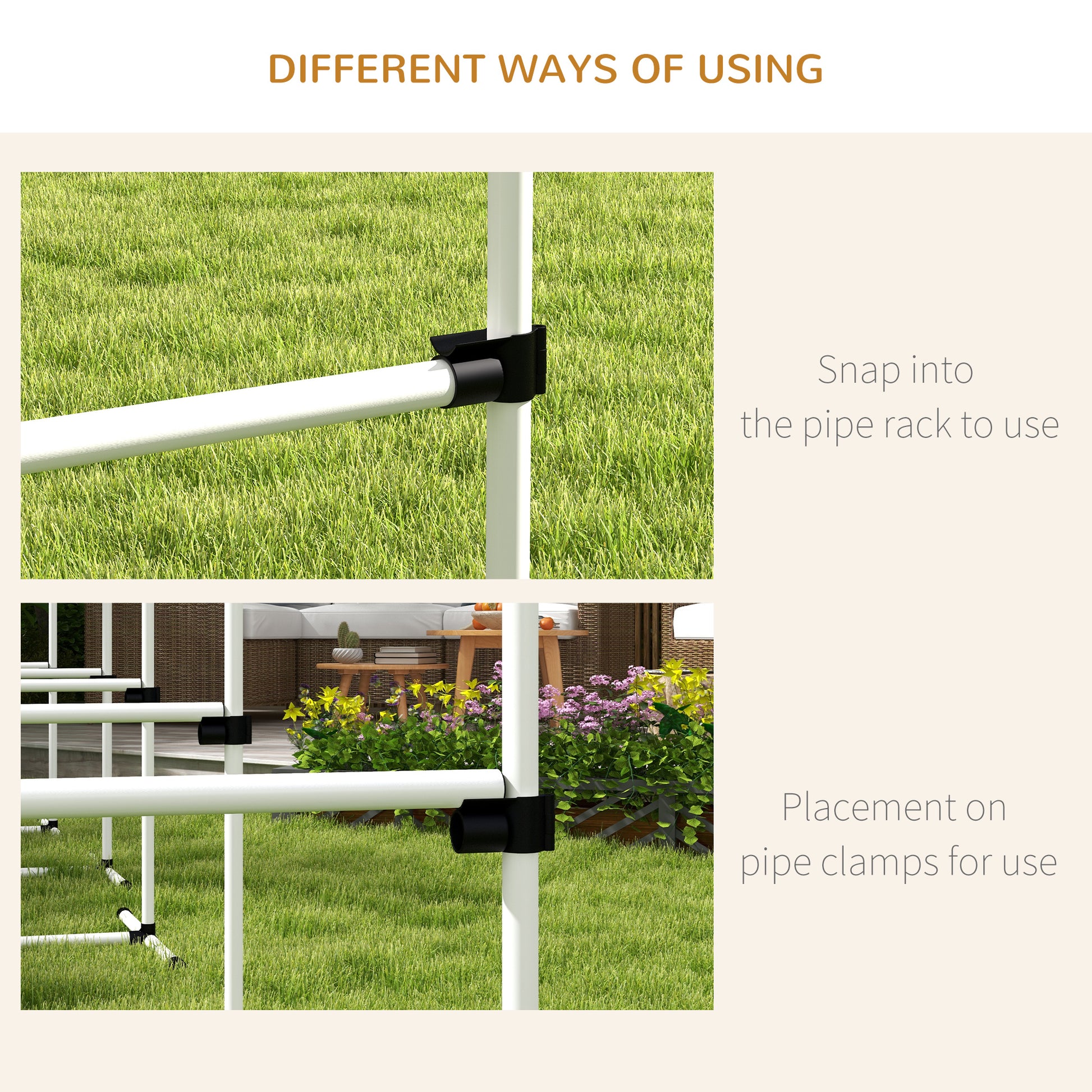 Closeup of white pipe and black connector for garden structure assembly