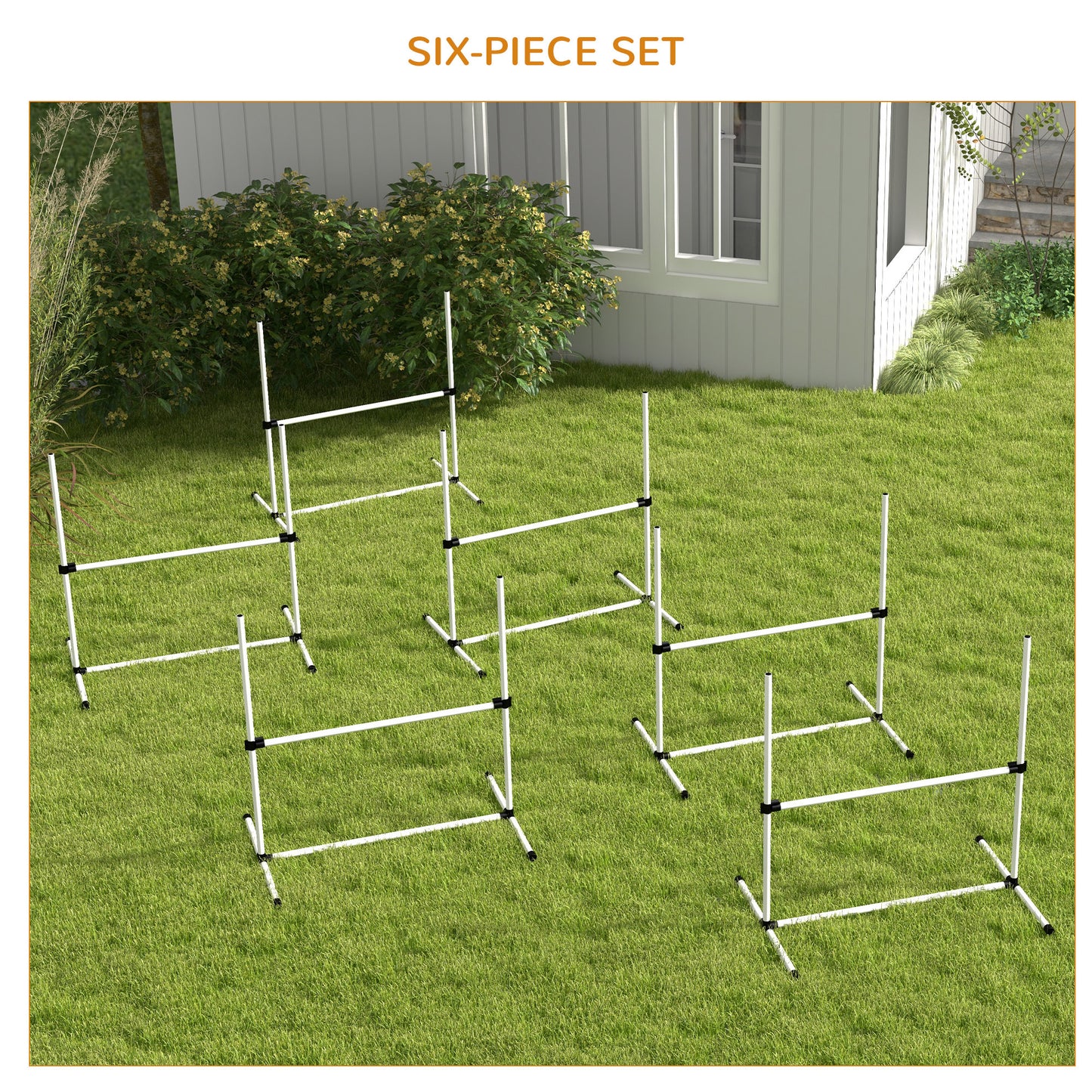 Six white PVC dog agility hurdles arranged on green grass in a backyard setting