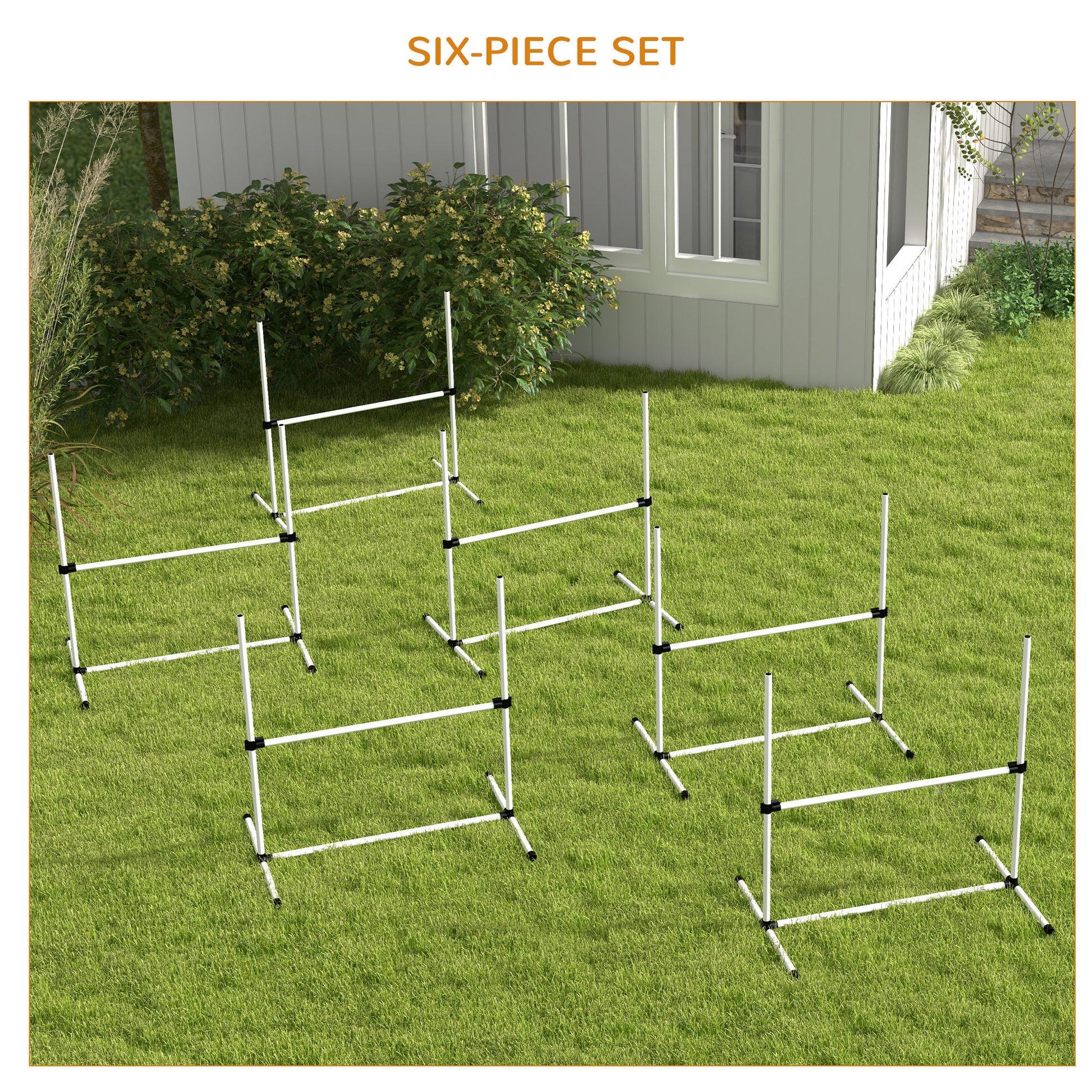Six white PVC dog agility hurdles arranged on green grass in a backyard setting