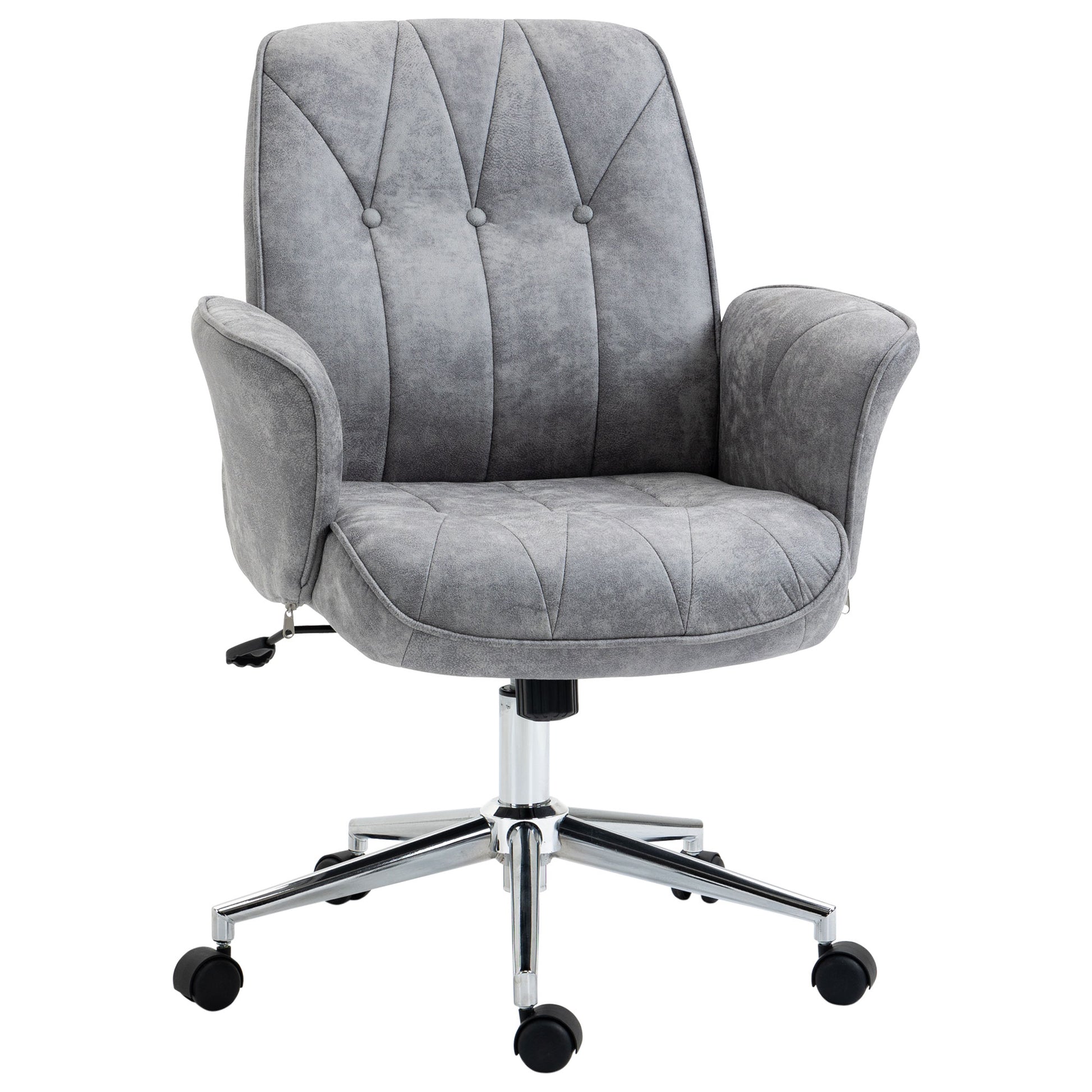 Tufted gray fabric office chair with chrome base and casters ideal for home workspaces