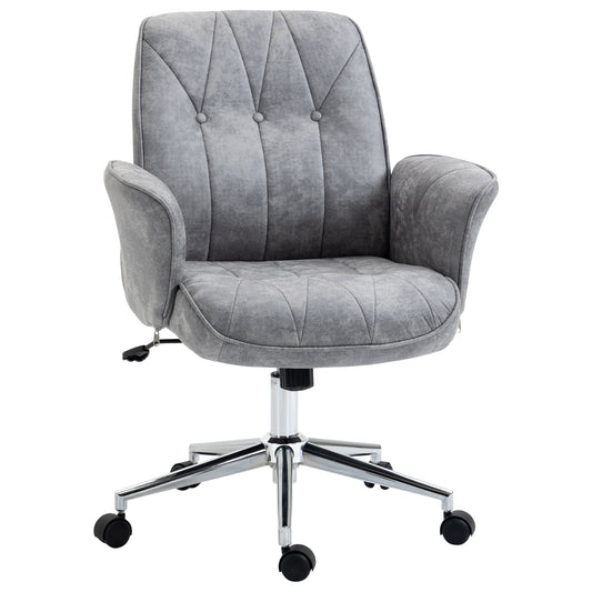Tufted gray fabric office chair with chrome base and casters ideal for home workspaces