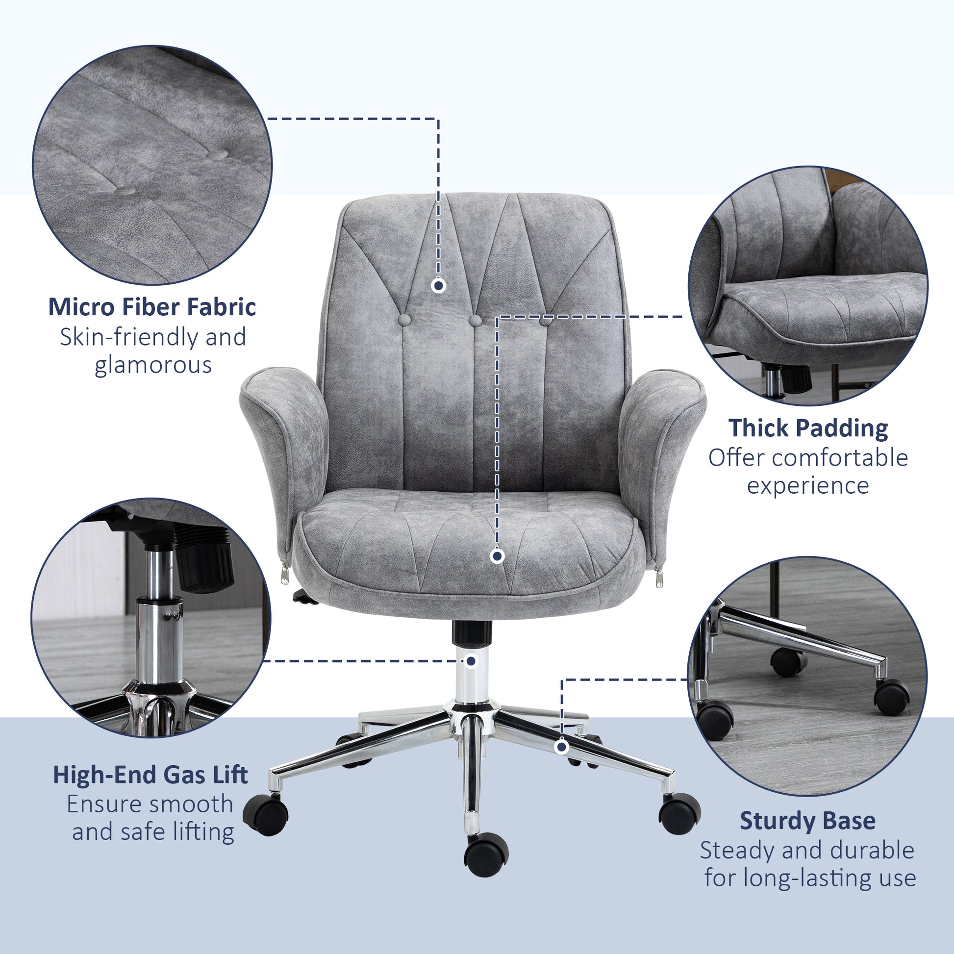 Grey microfiber fabric executive chair with thick padding and tufted details for comfort