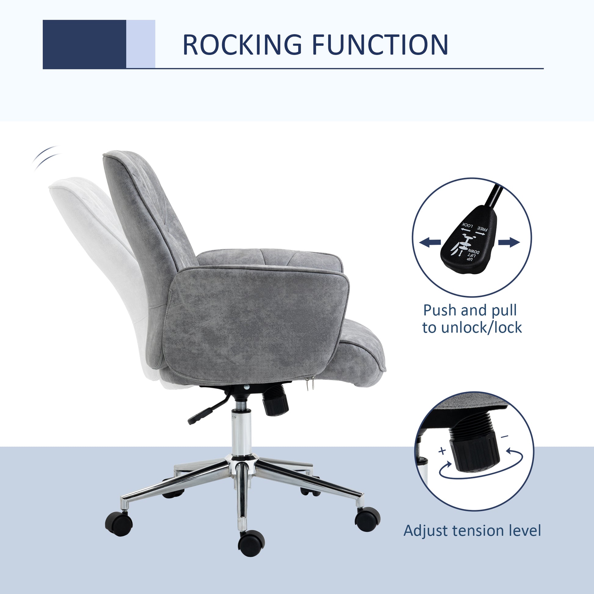 Gray fabric office chair with rocking function and adjustable tension control