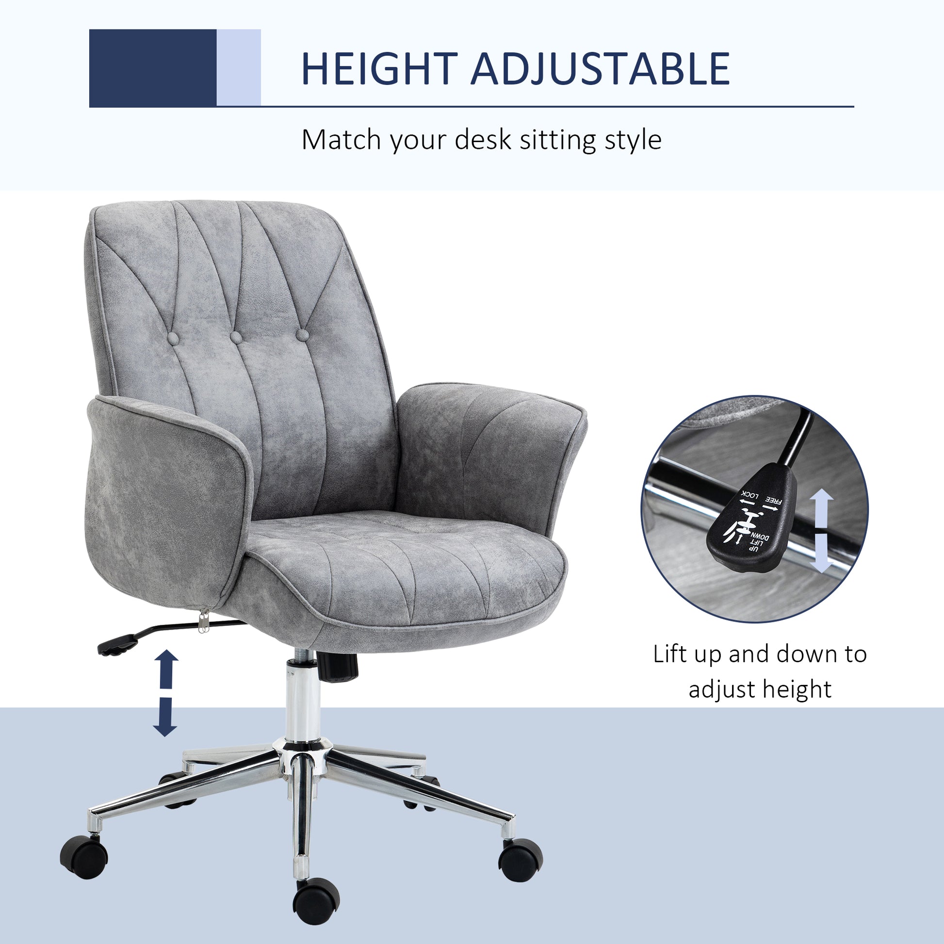 Gray upholstered office chair with tufted back and height adjustment lever
