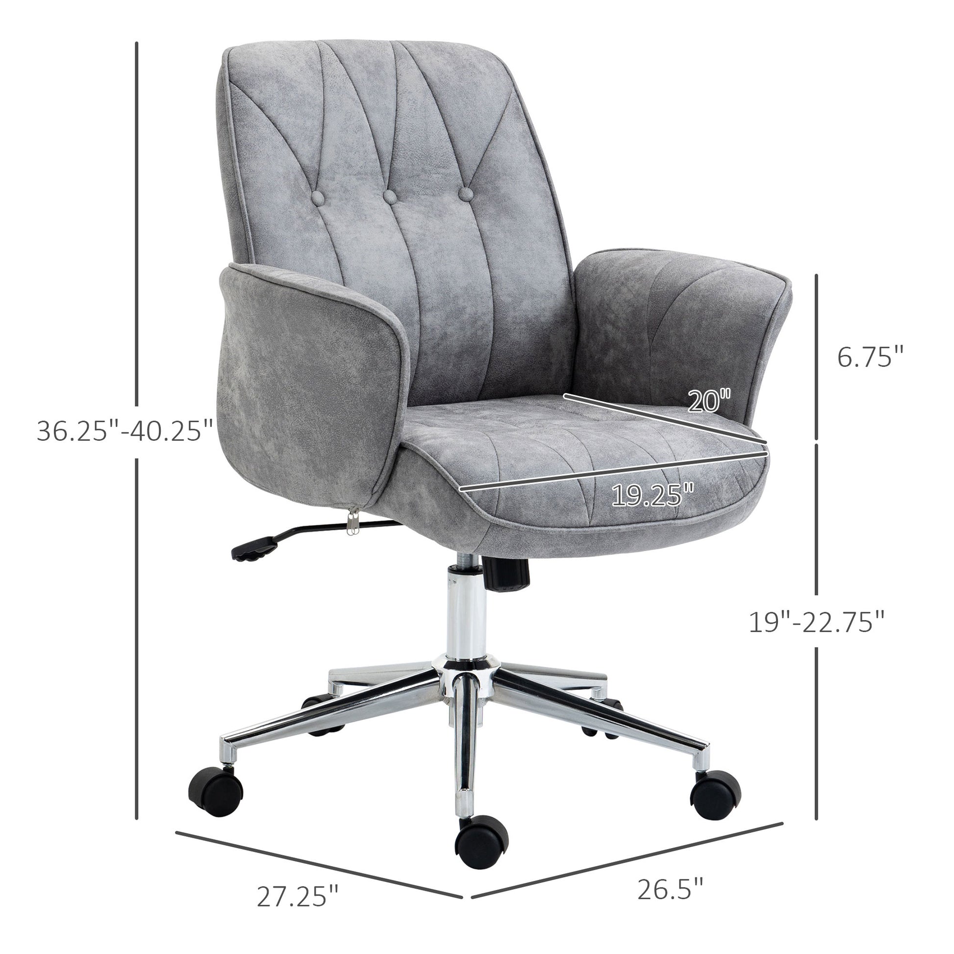 Gray tufted fabric office chair with adjustable height and casters suitable for modern home offices