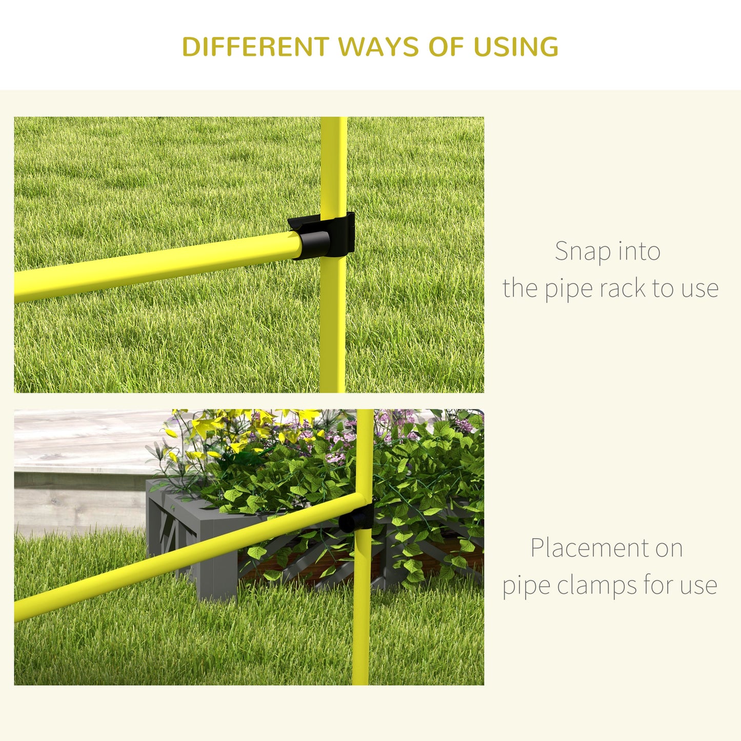 Bright yellow pipe rack connector on green grass for garden setup