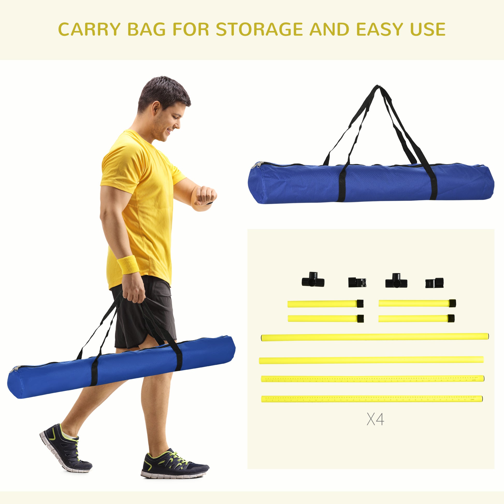 Blue canvas carry bag with black straps for storing sports equipment
