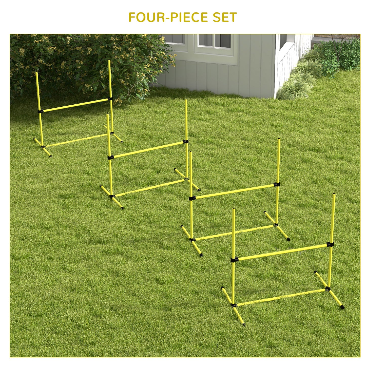 Four yellow agility hurdles set up on grass ideal for dog training sessions