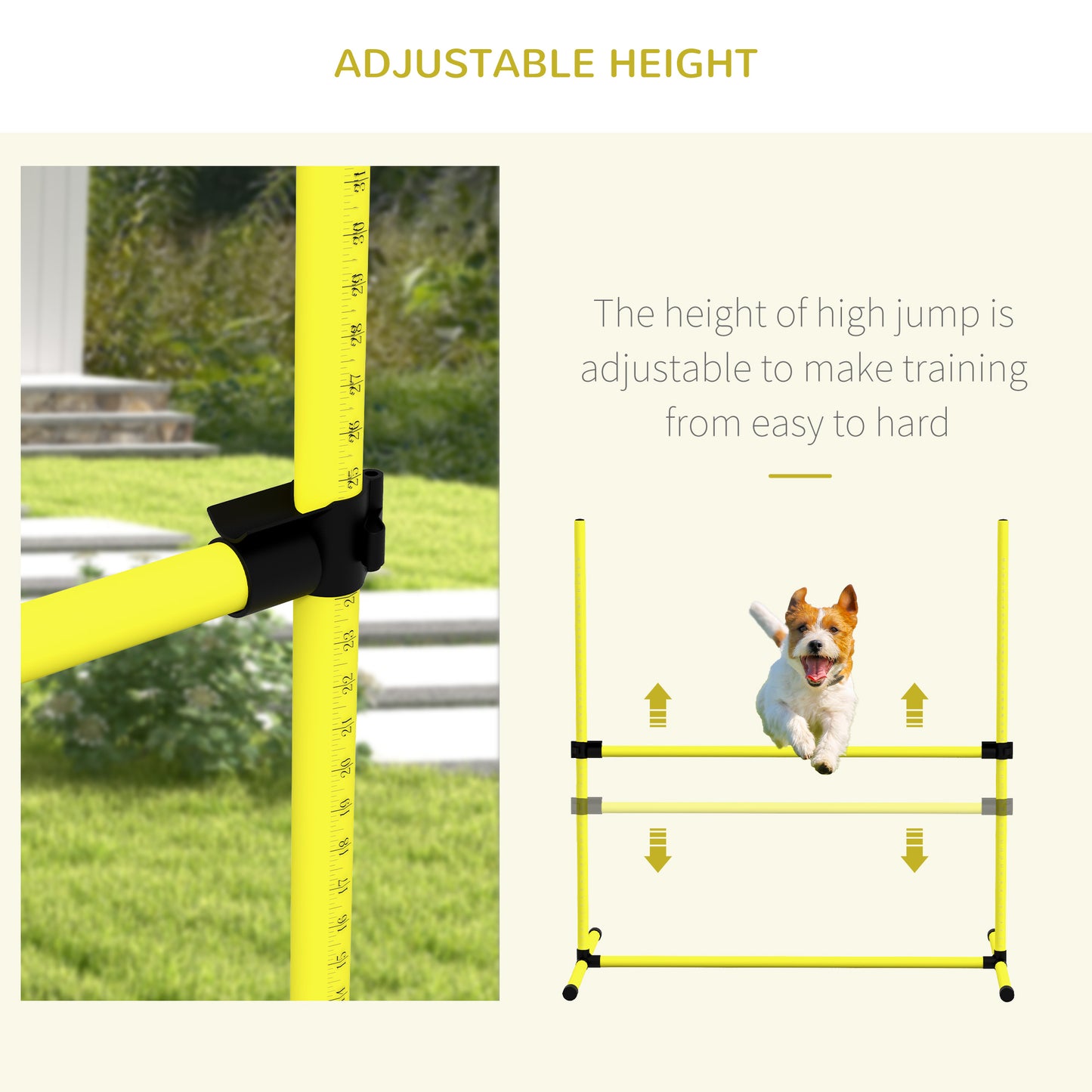 Yellow adjustable dog agility jump with measuring tape for height adjustment