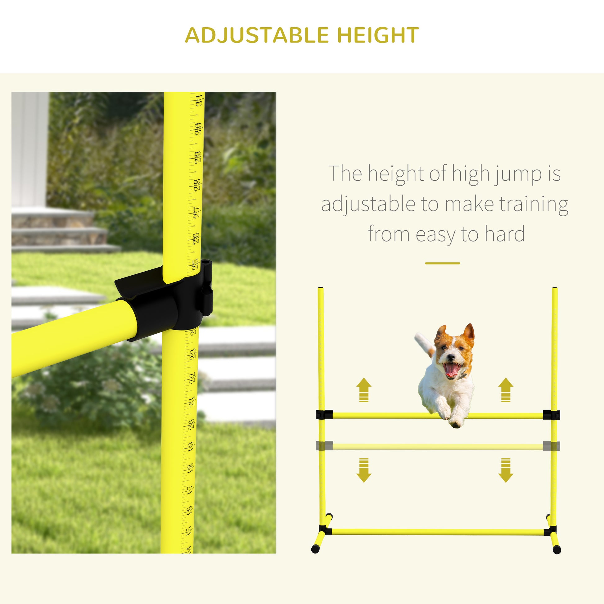 Yellow adjustable dog agility jump with measuring tape for height adjustment