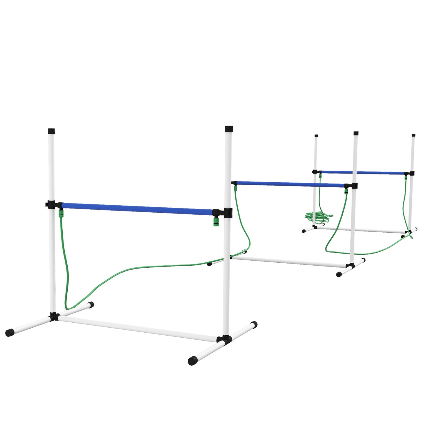 White and blue dog agility hurdles with green rope supports set of
