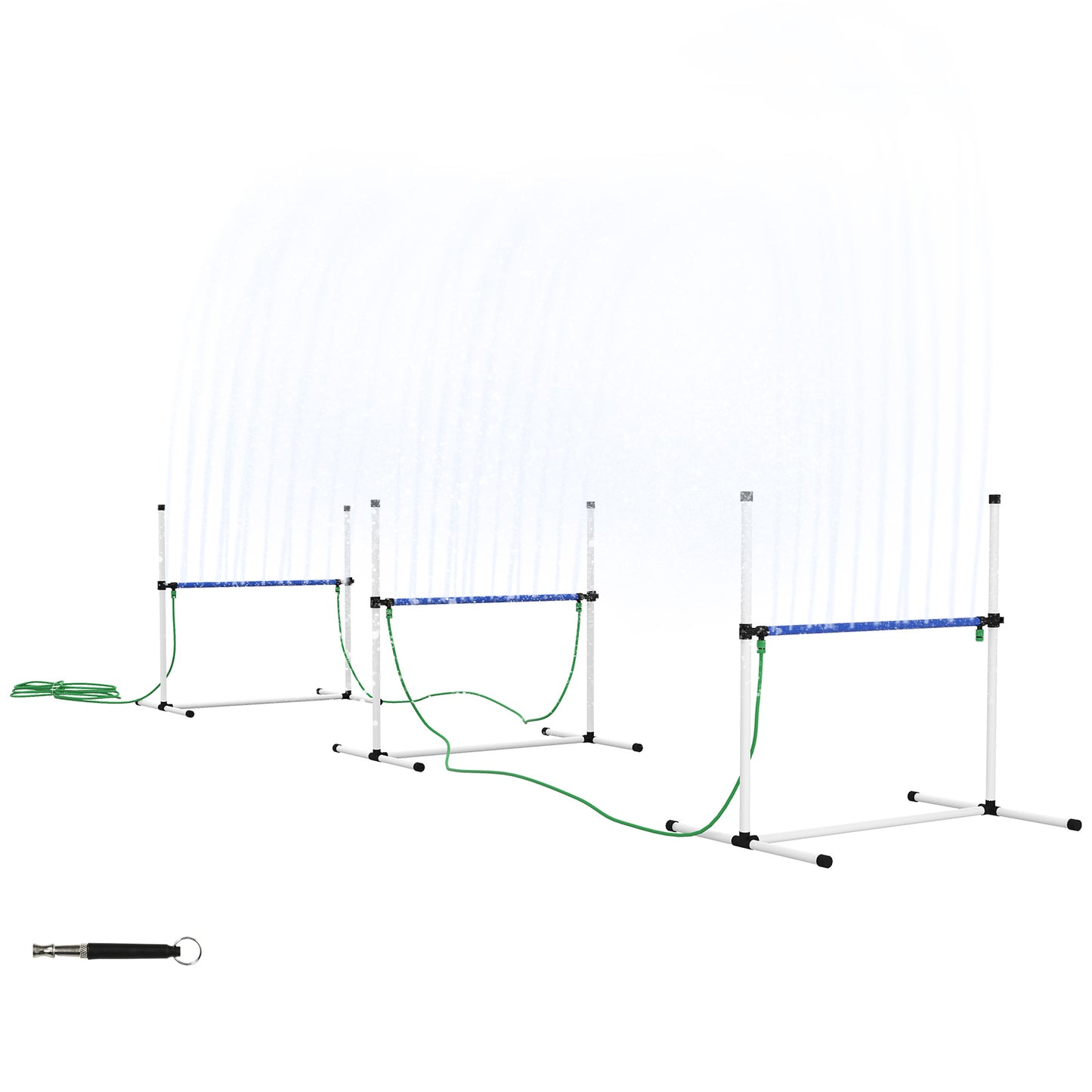 Three adjustable dog agility weave poles with sprinklers for training