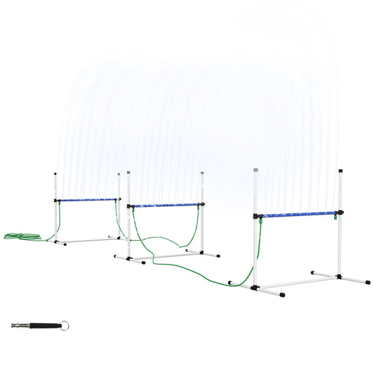 Three adjustable dog agility weave poles with sprinklers for training