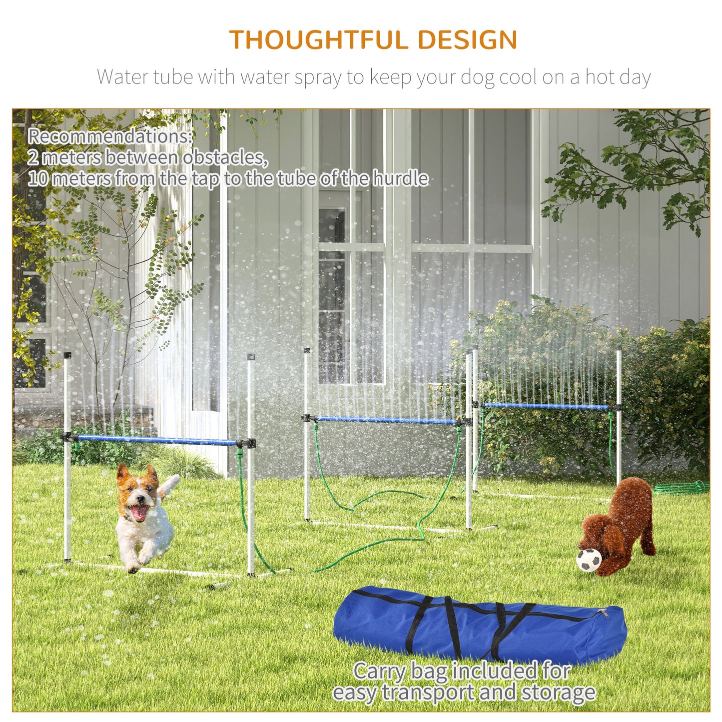 Dog agility hurdles with water spray feature for cooling playtime on a sunny day