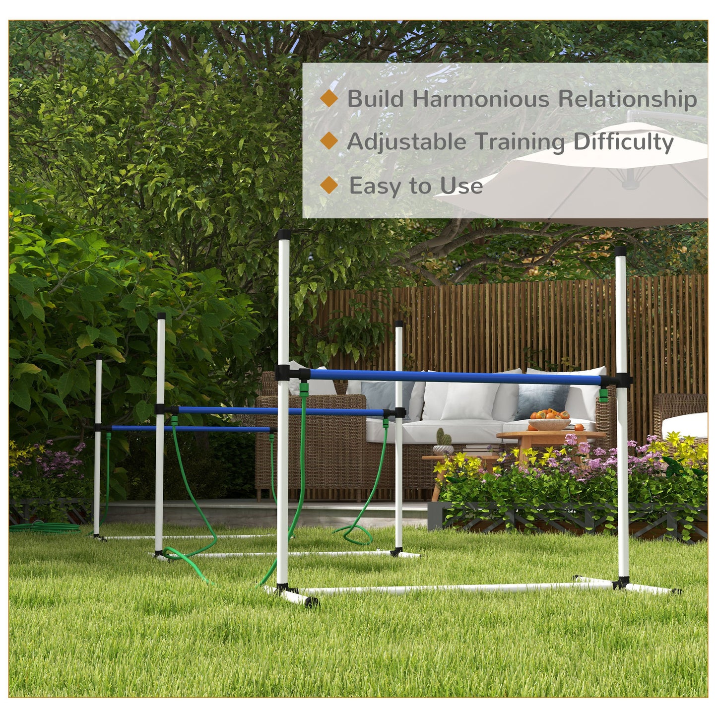Adjustable dog agility weave poles set in a backyard for training