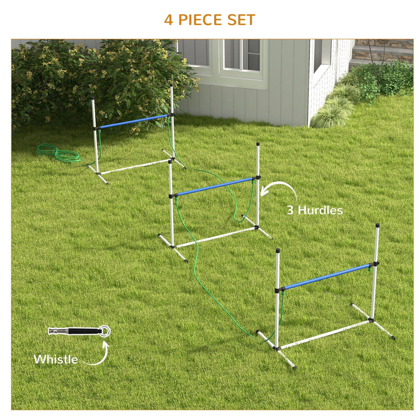 White PVC dog agility hurdles with blue bars set up on grass includes whistle