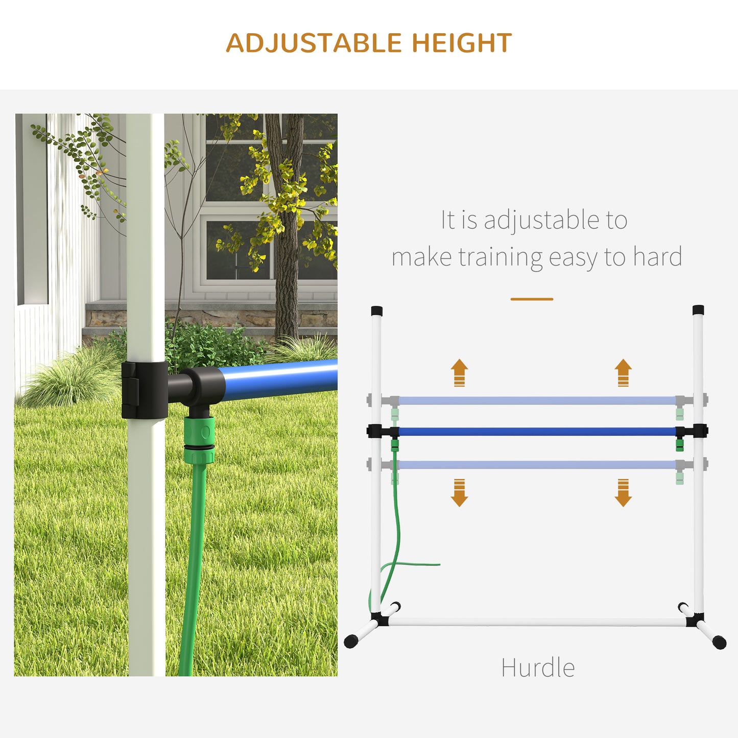 Closeup of adjustable dog hurdle with blue and light blue bars for agility training