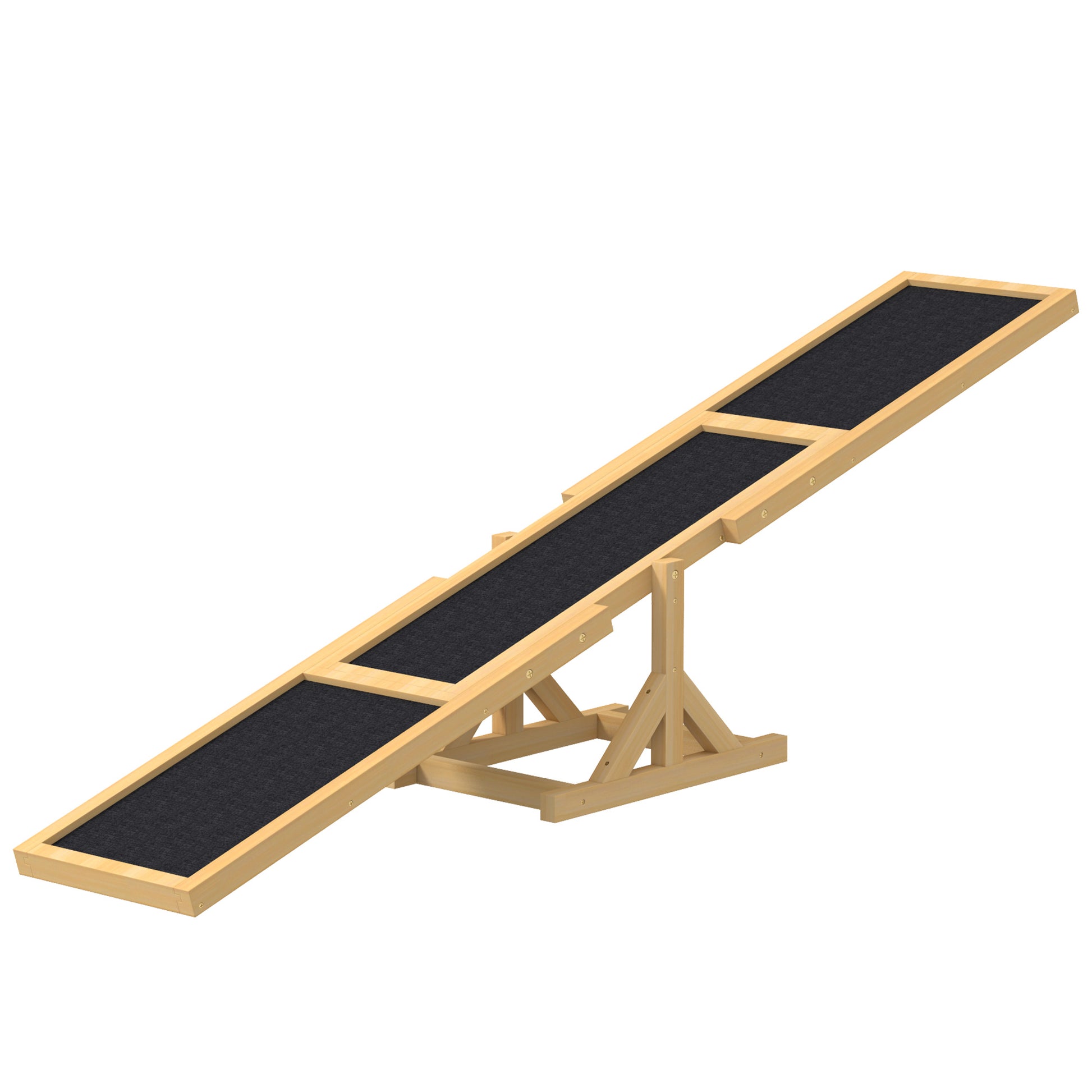 Wooden dog seesaw with textured black ramp surface for agility training