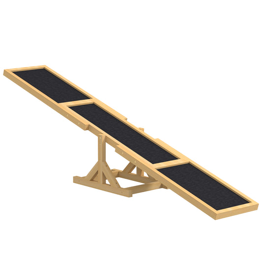 Wooden dog agility seesaw with black carpeted surface for traction