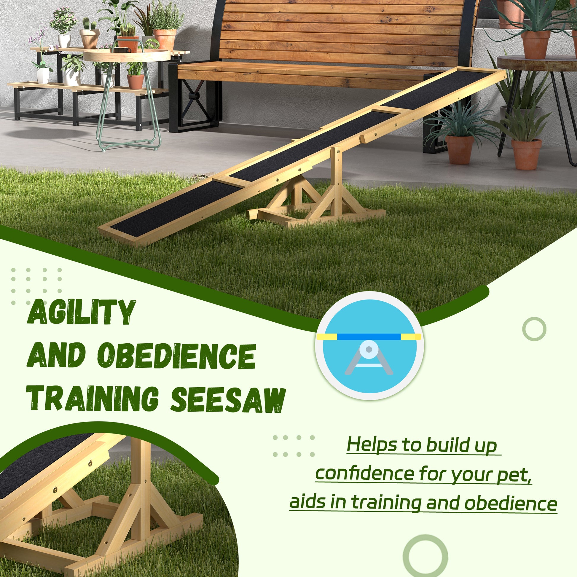 Wooden dog seesaw for agility and obedience training with textured surface