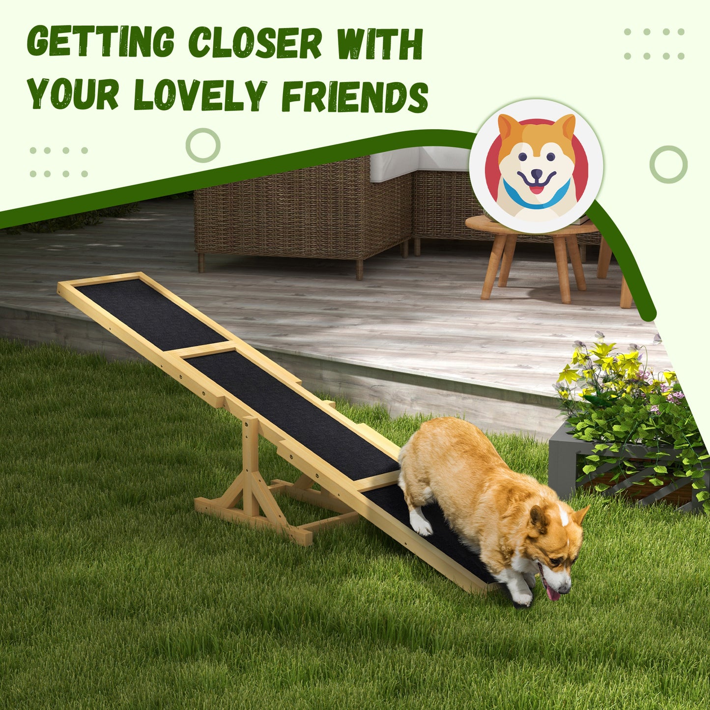 Wooden dog agility ramp with black traction surface corgi training