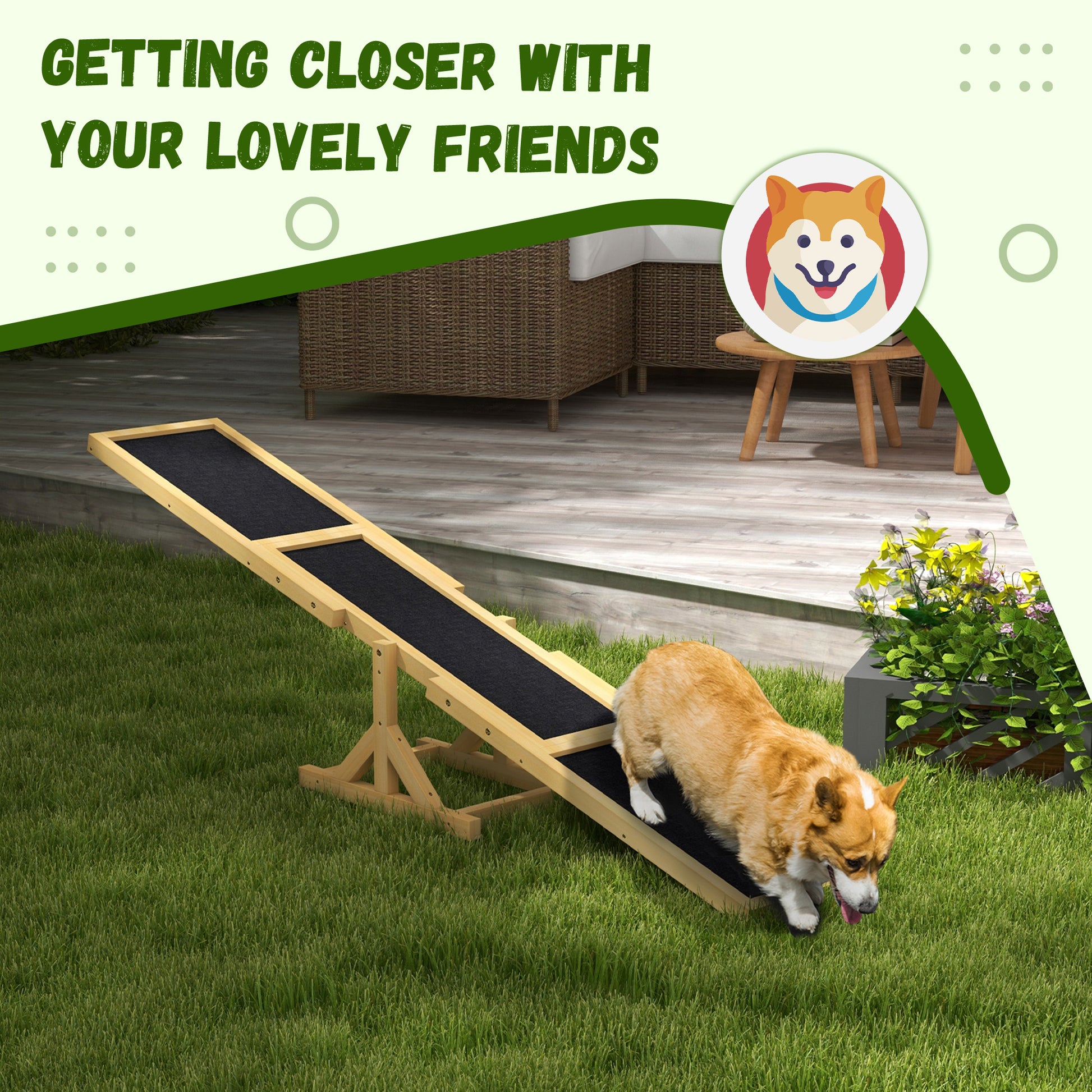 Wooden dog agility ramp with black traction surface corgi training