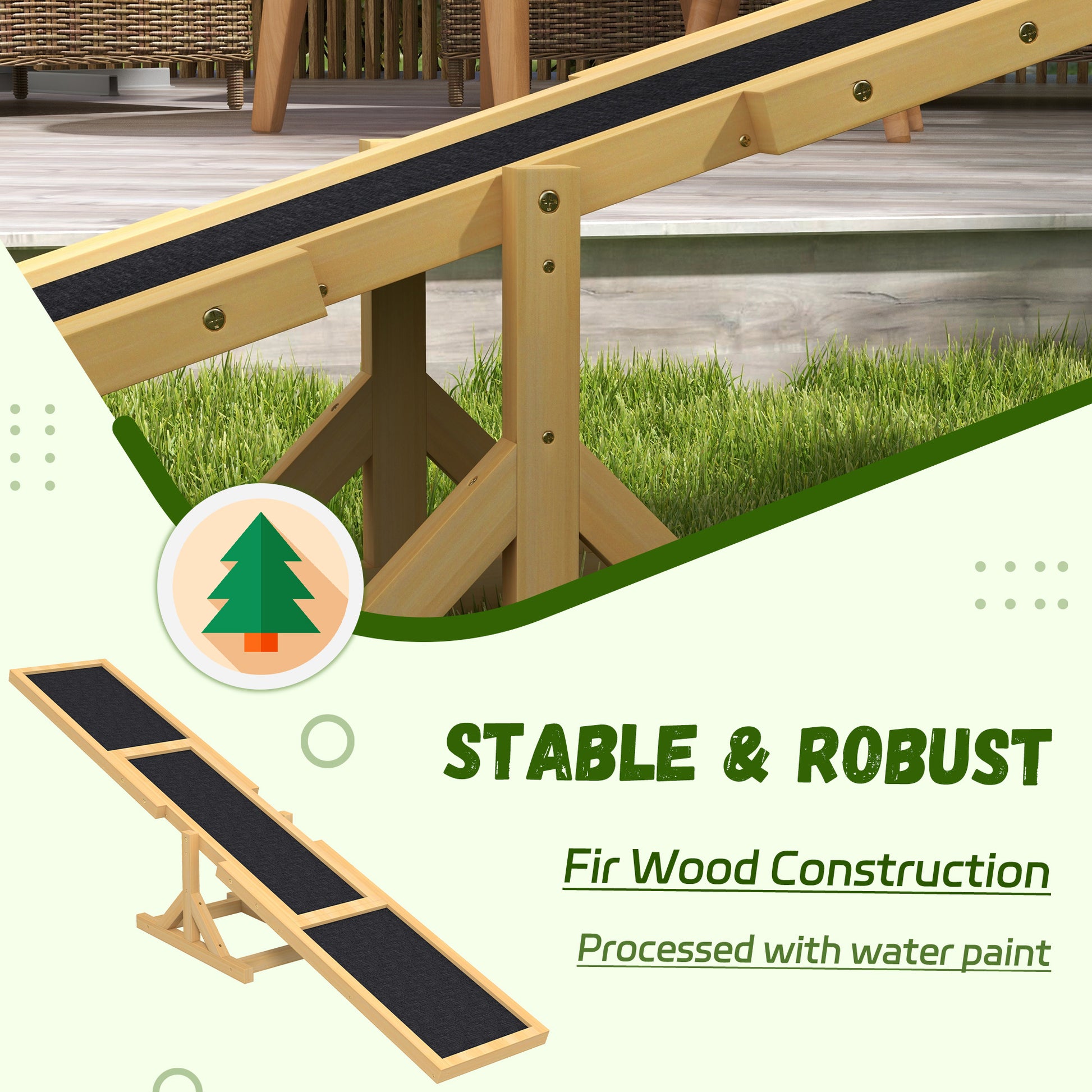 Wooden dog seesaw with black antislip surface outdoor agility training