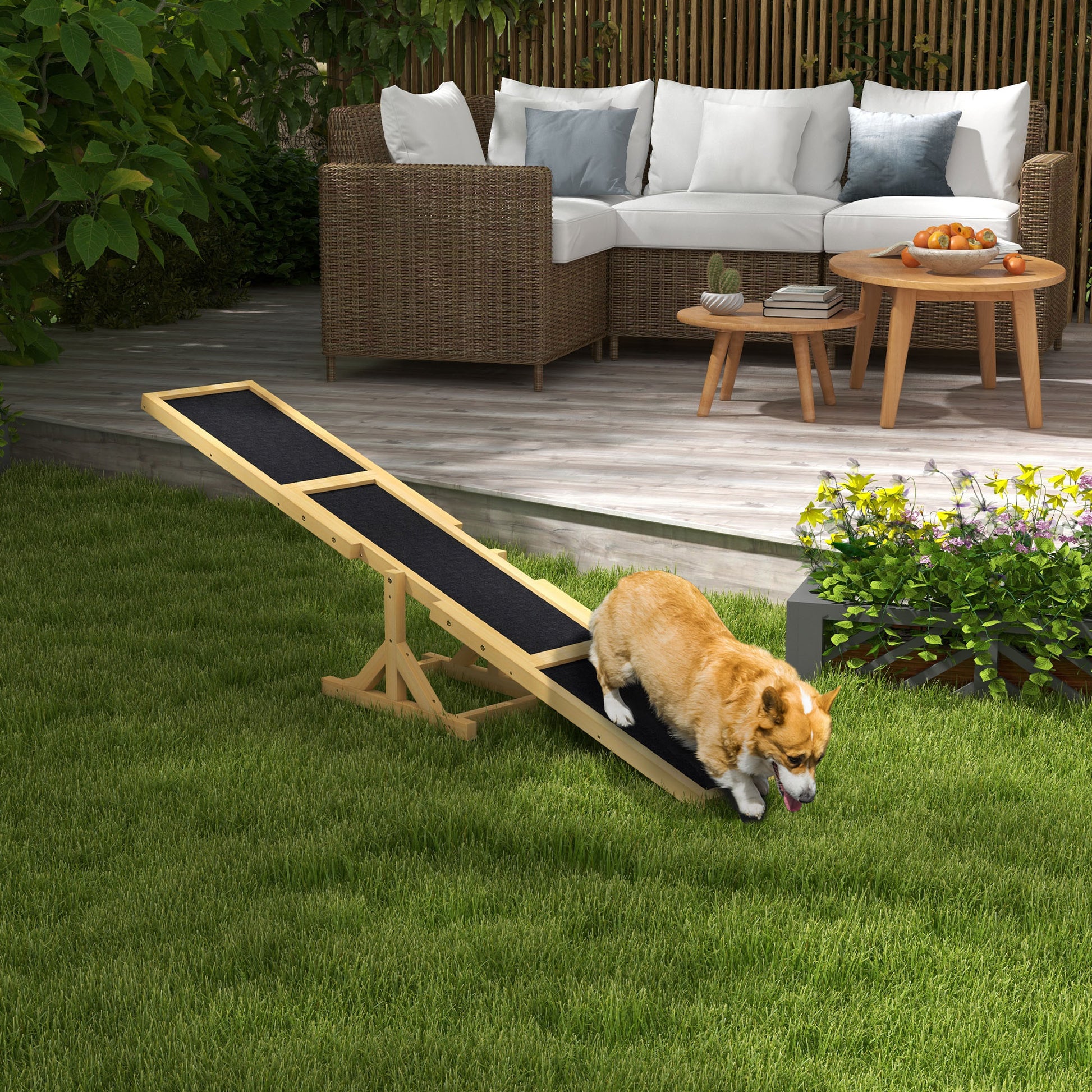 Wooden dog agility ramp with black textured surface suitable for backyard training