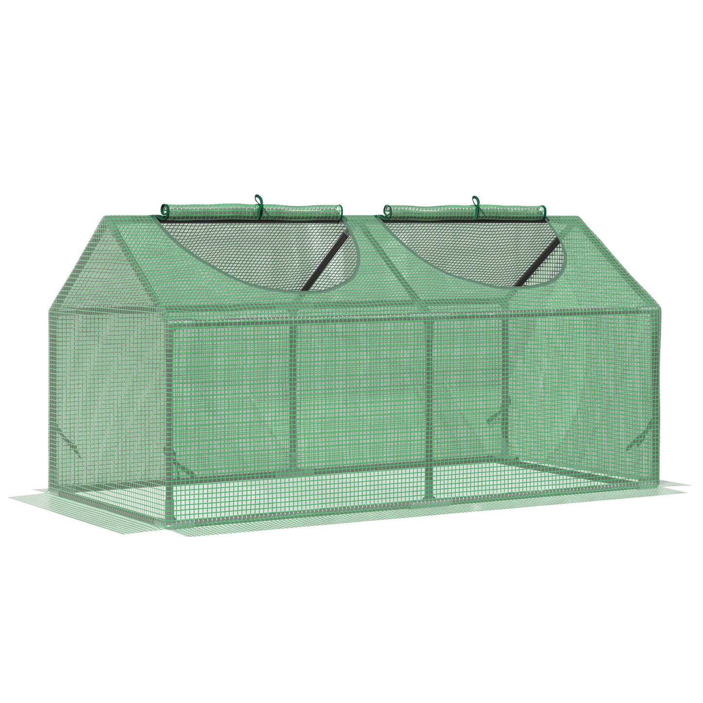 Green mini greenhouse with rollup windows and mesh cover for garden plants