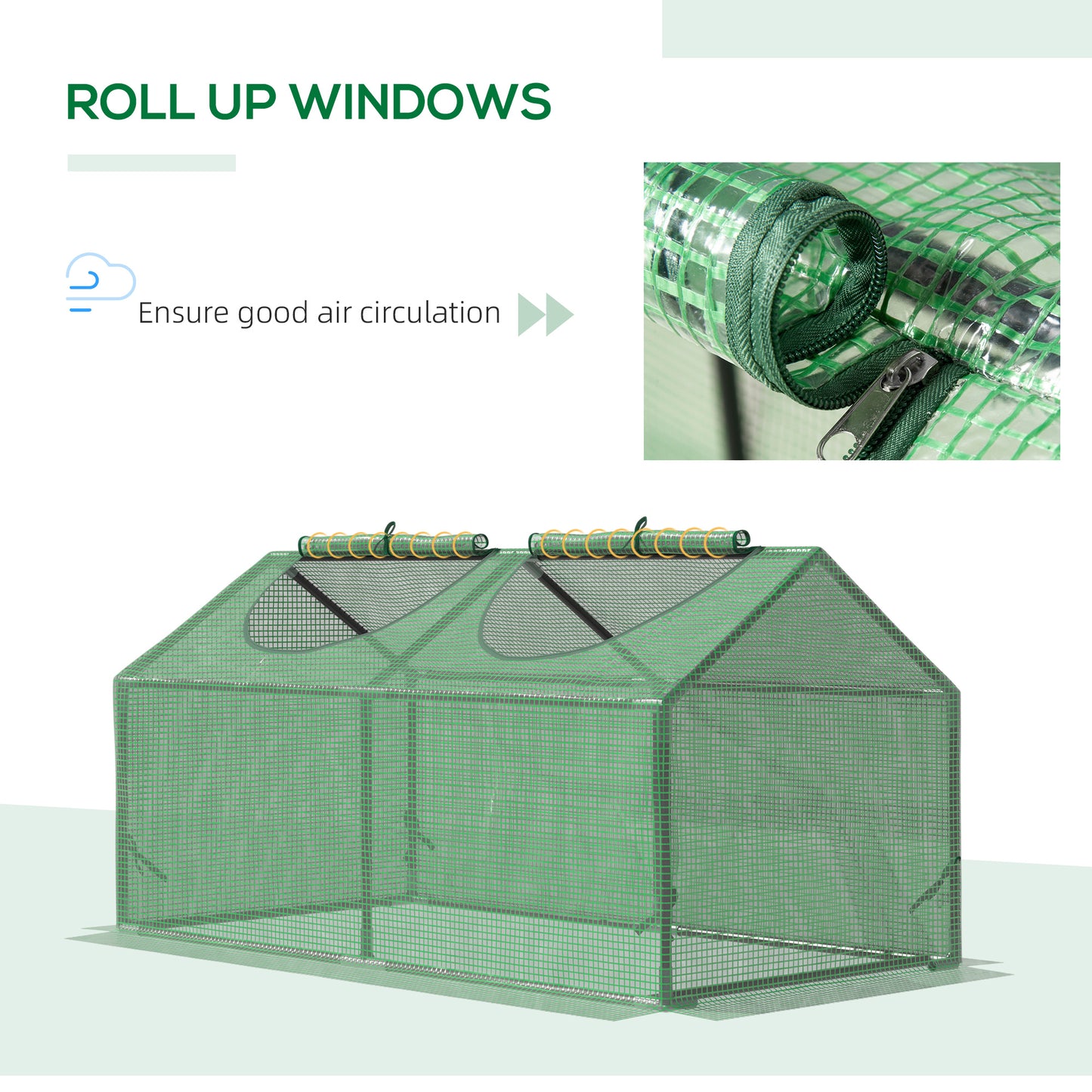 Green mesh greenhouse with rollup windows for optimal air circulation