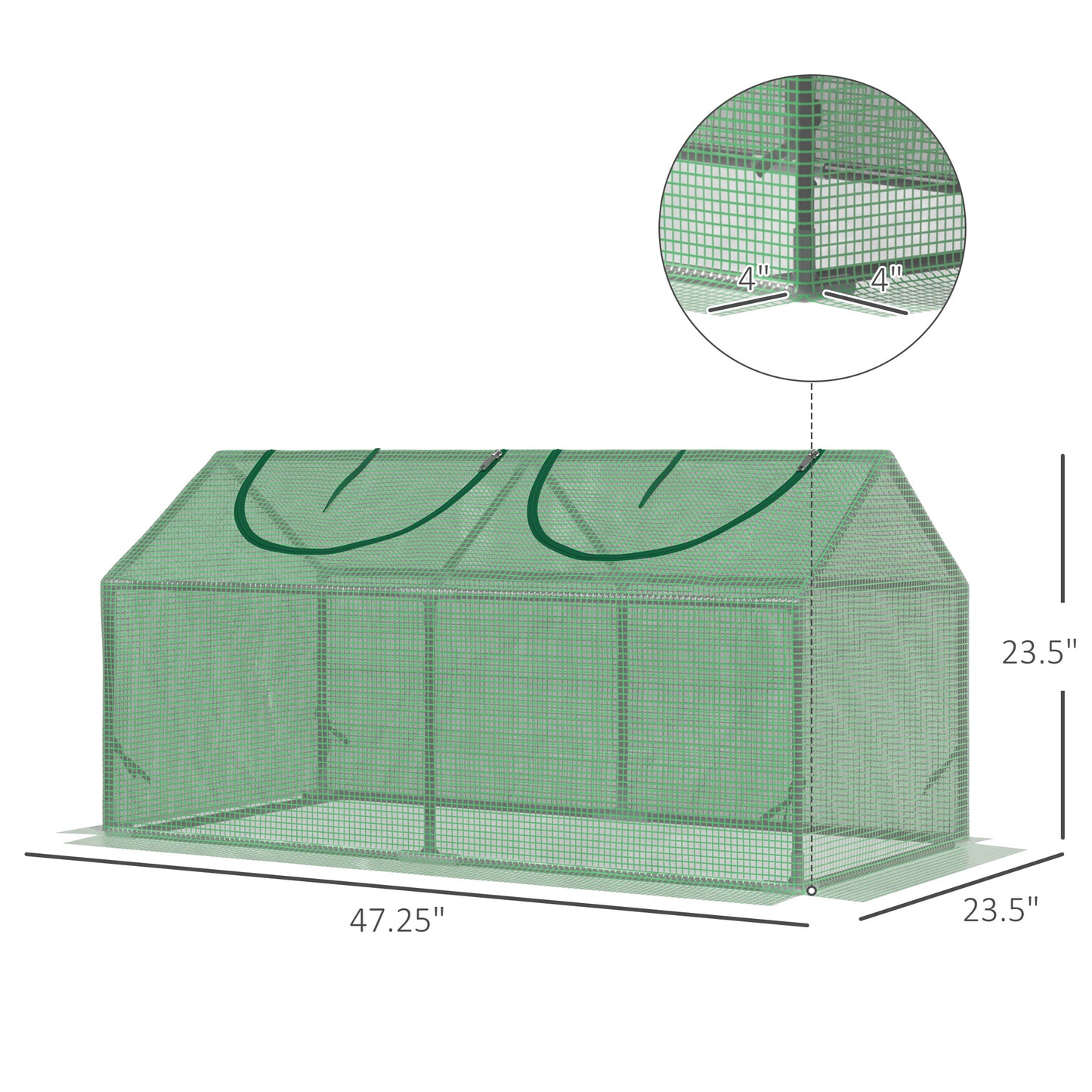 Green mini greenhouse with tubular steel frame and mesh cover